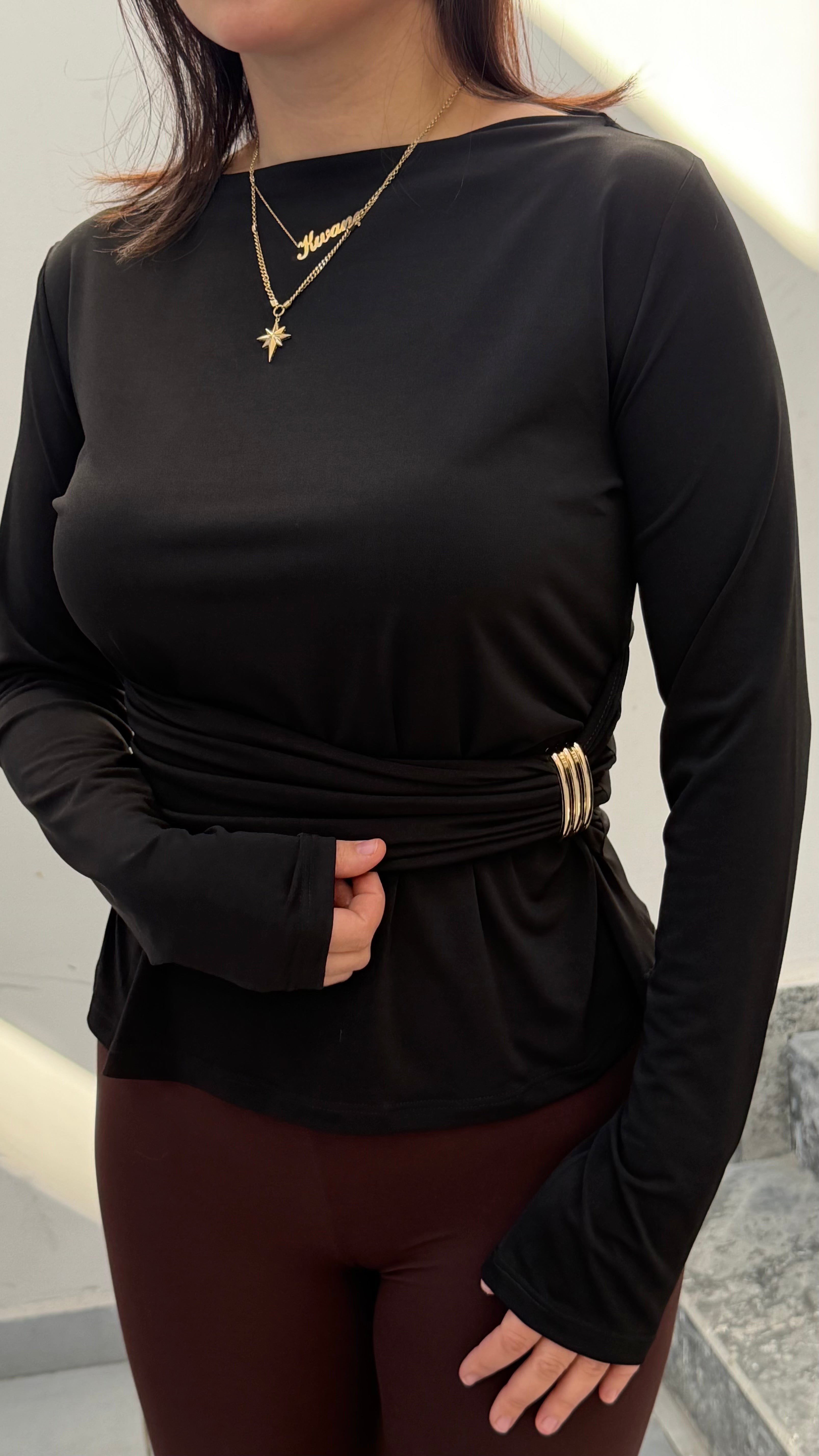 Kayık Yaka Uzun Kollu Bluz-Siyah