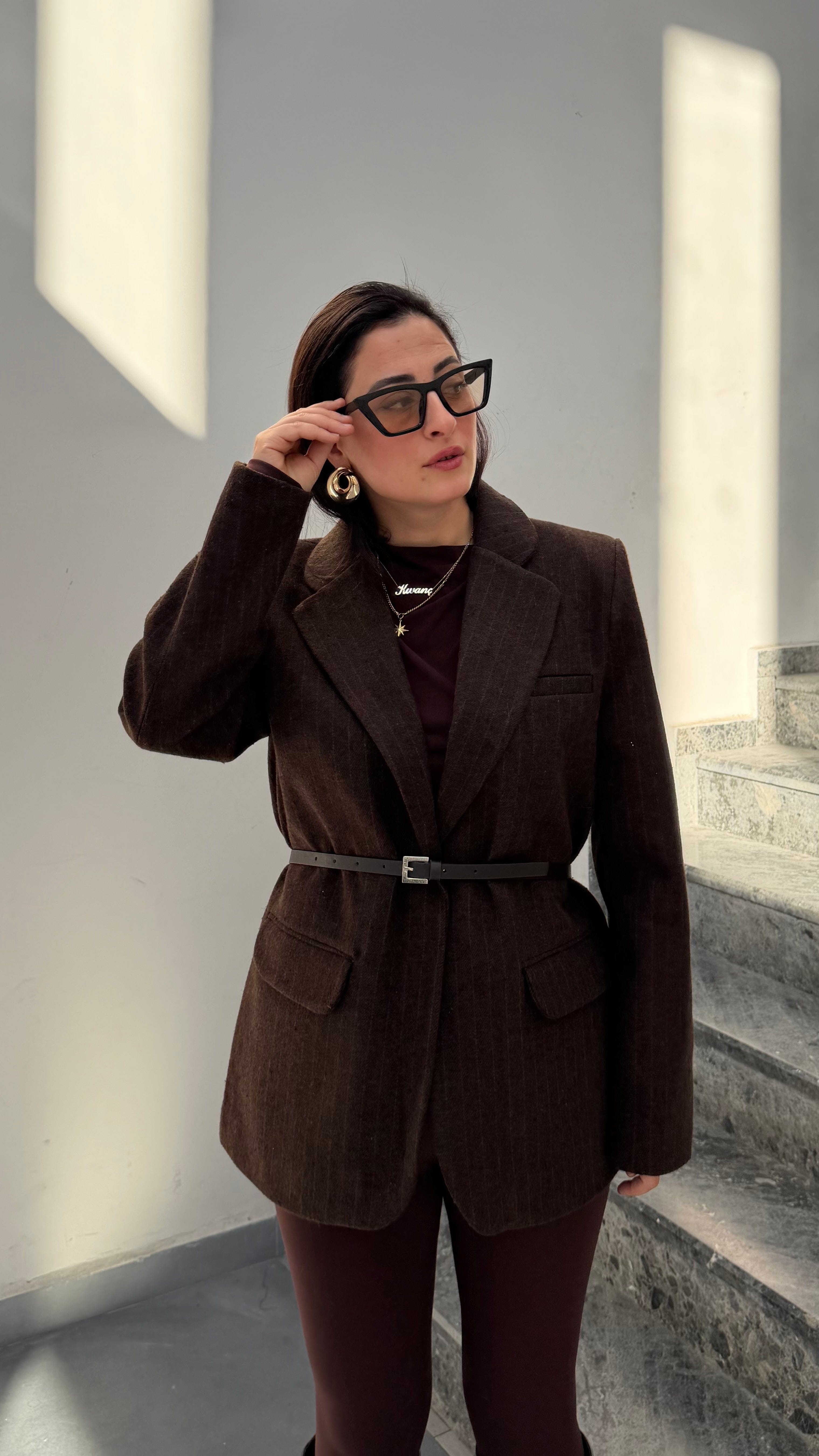 Kemerli Kaşe Ceket -Kahverengi