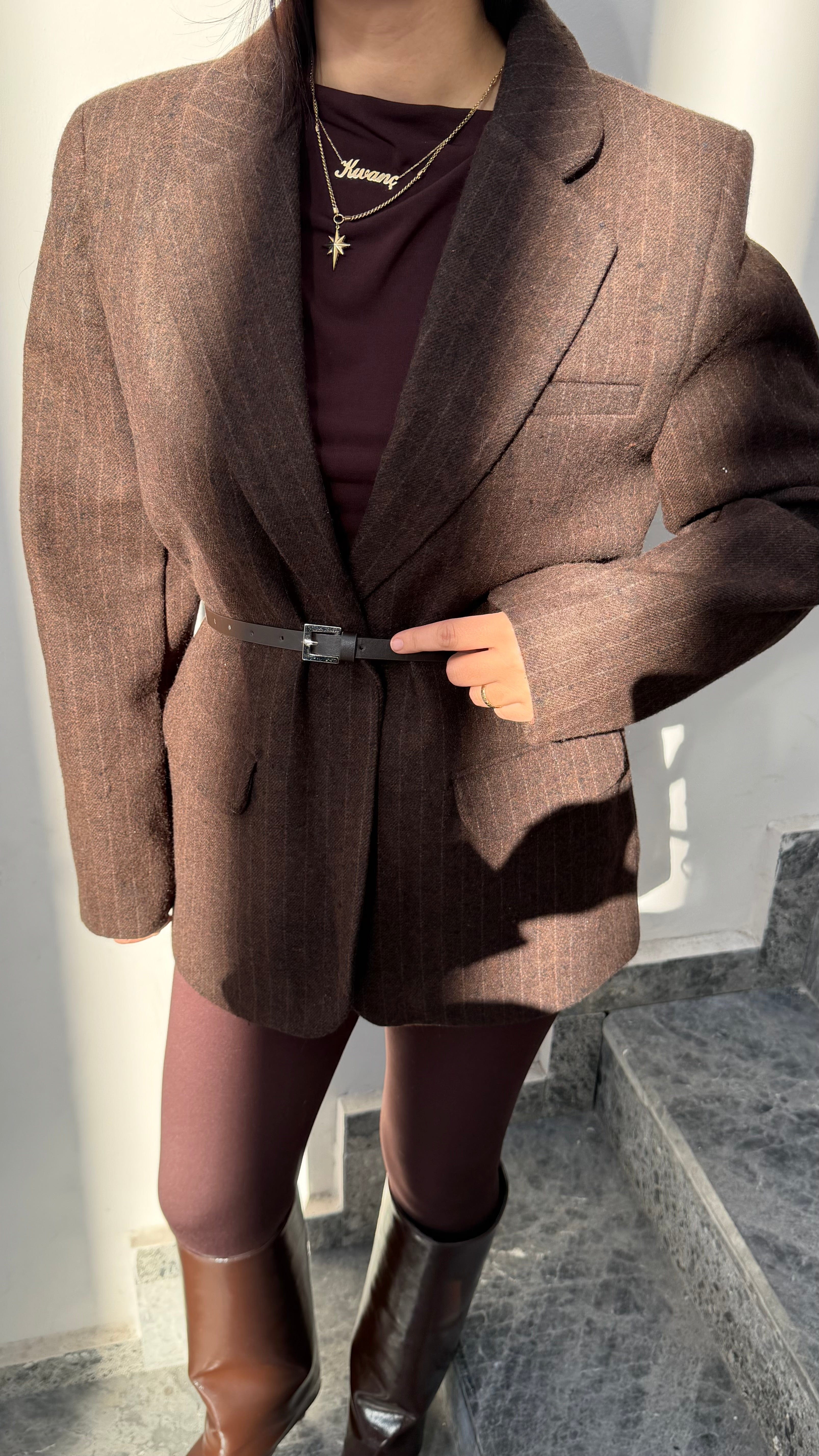 Kemerli Kaşe Ceket -Kahverengi