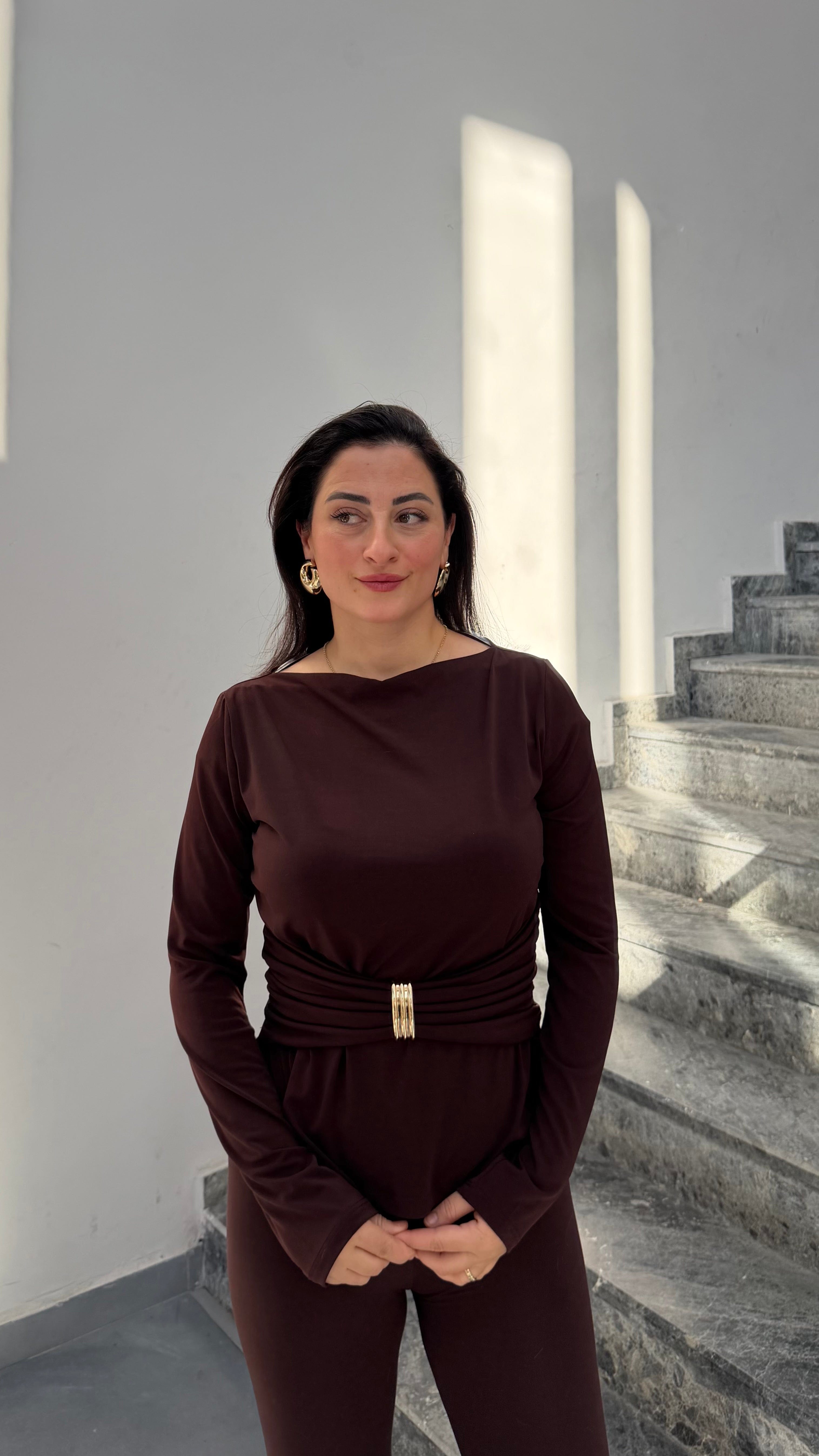 Kayık Yaka Uzun Kollu Bluz -Kahverengi