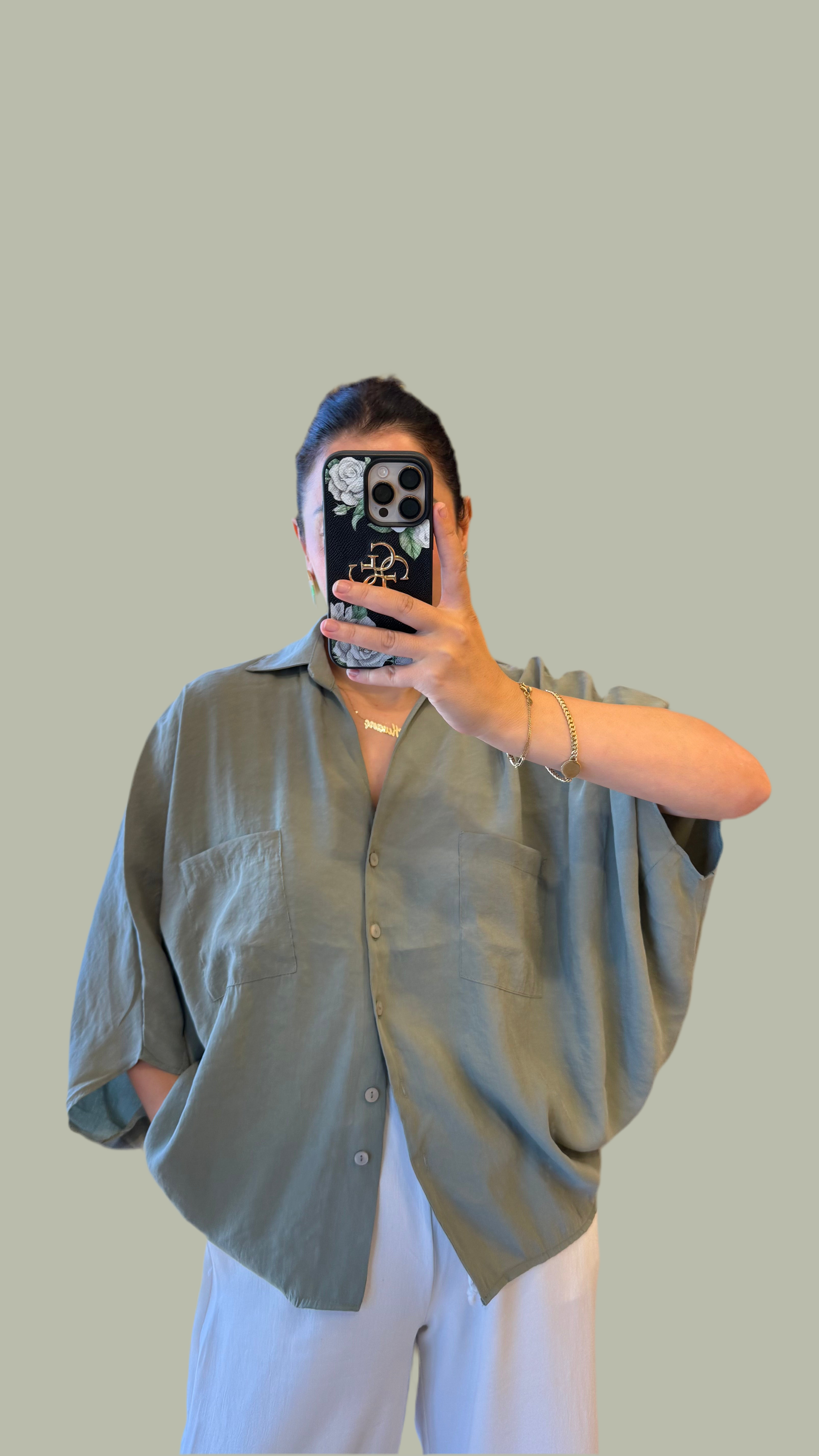 ÇAĞLA YEŞİL TENSEL DOKULU YARASA KOL GÖMLEK