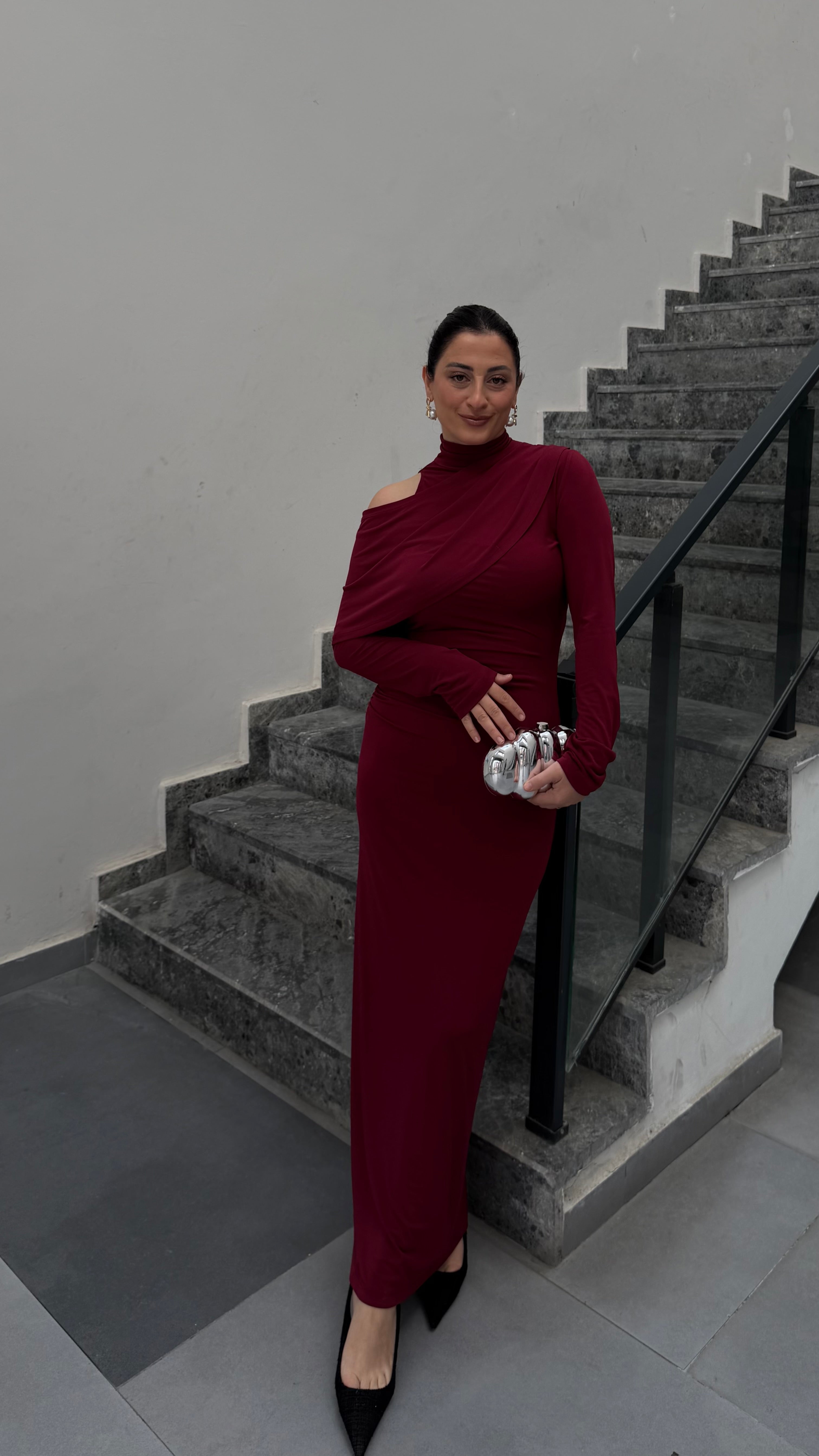 Omuz Dekolteli Elbise-Bordo