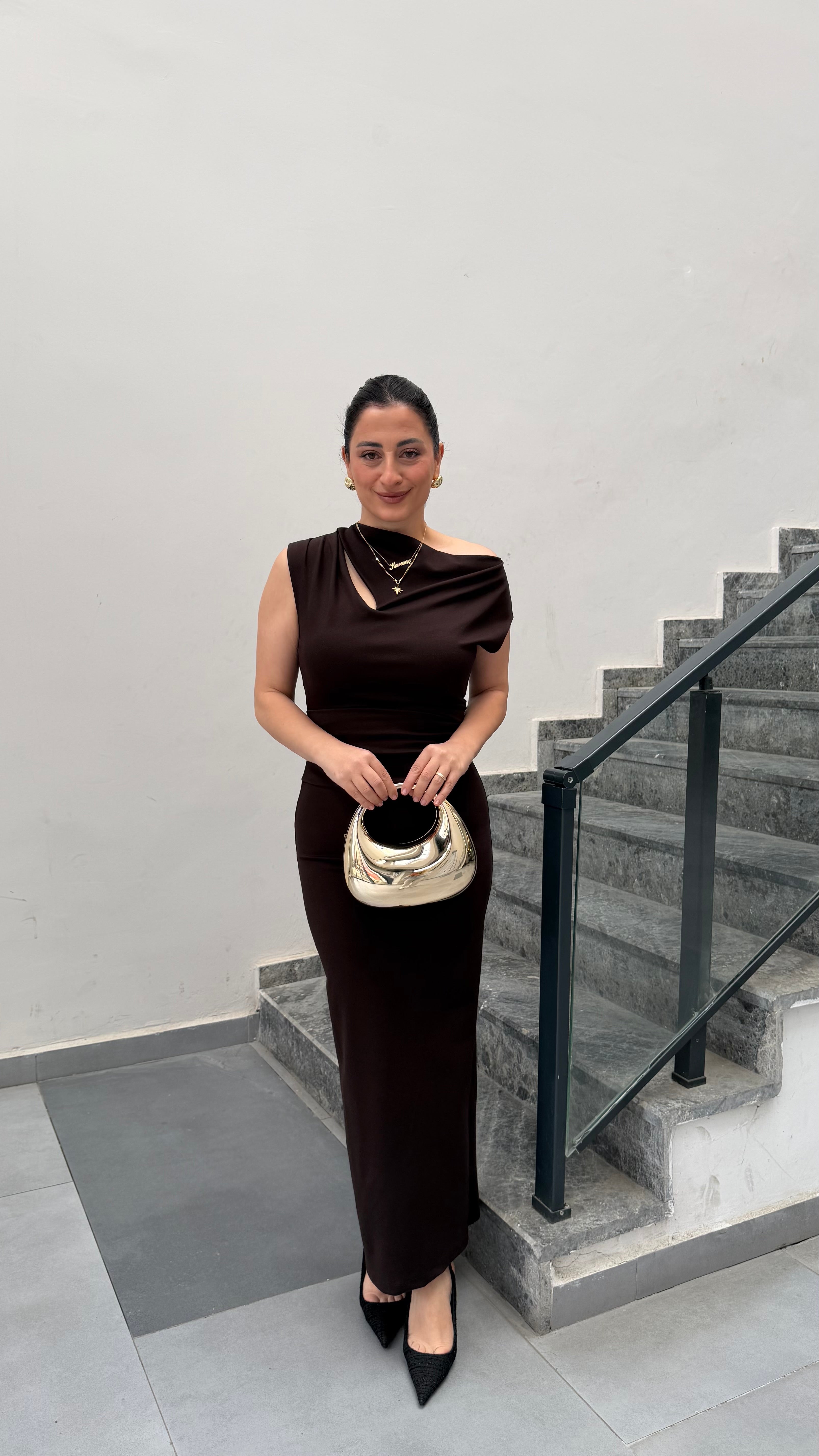 Omuz Detaylı Krep Elbise- kahve