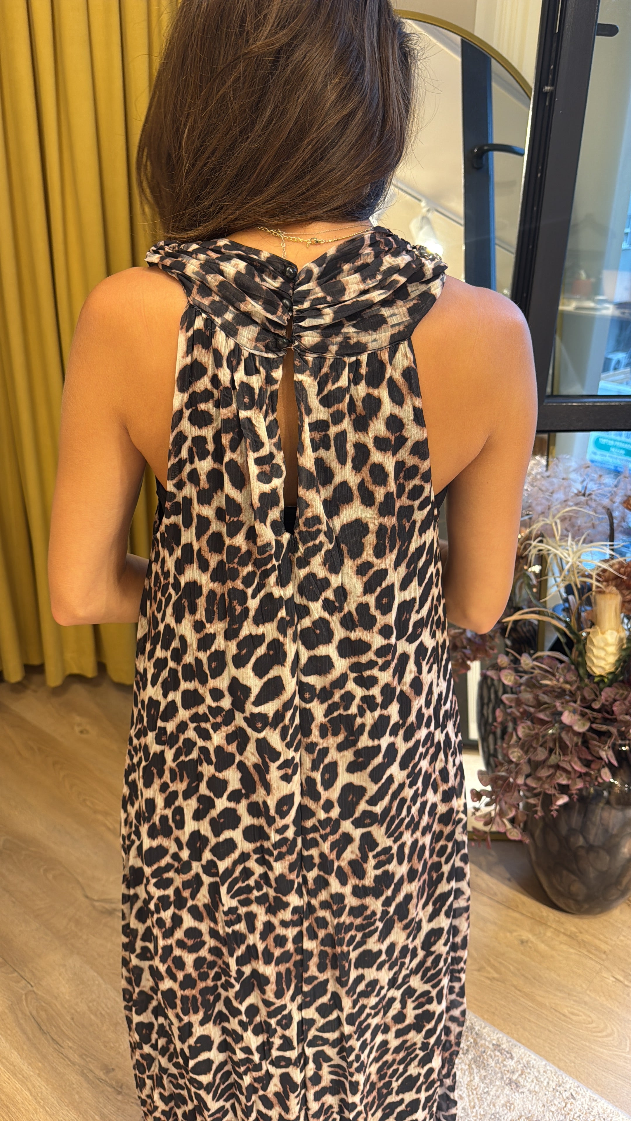 HALTER YAKA ASTARLI LEOPAR UZUN ELBİSE