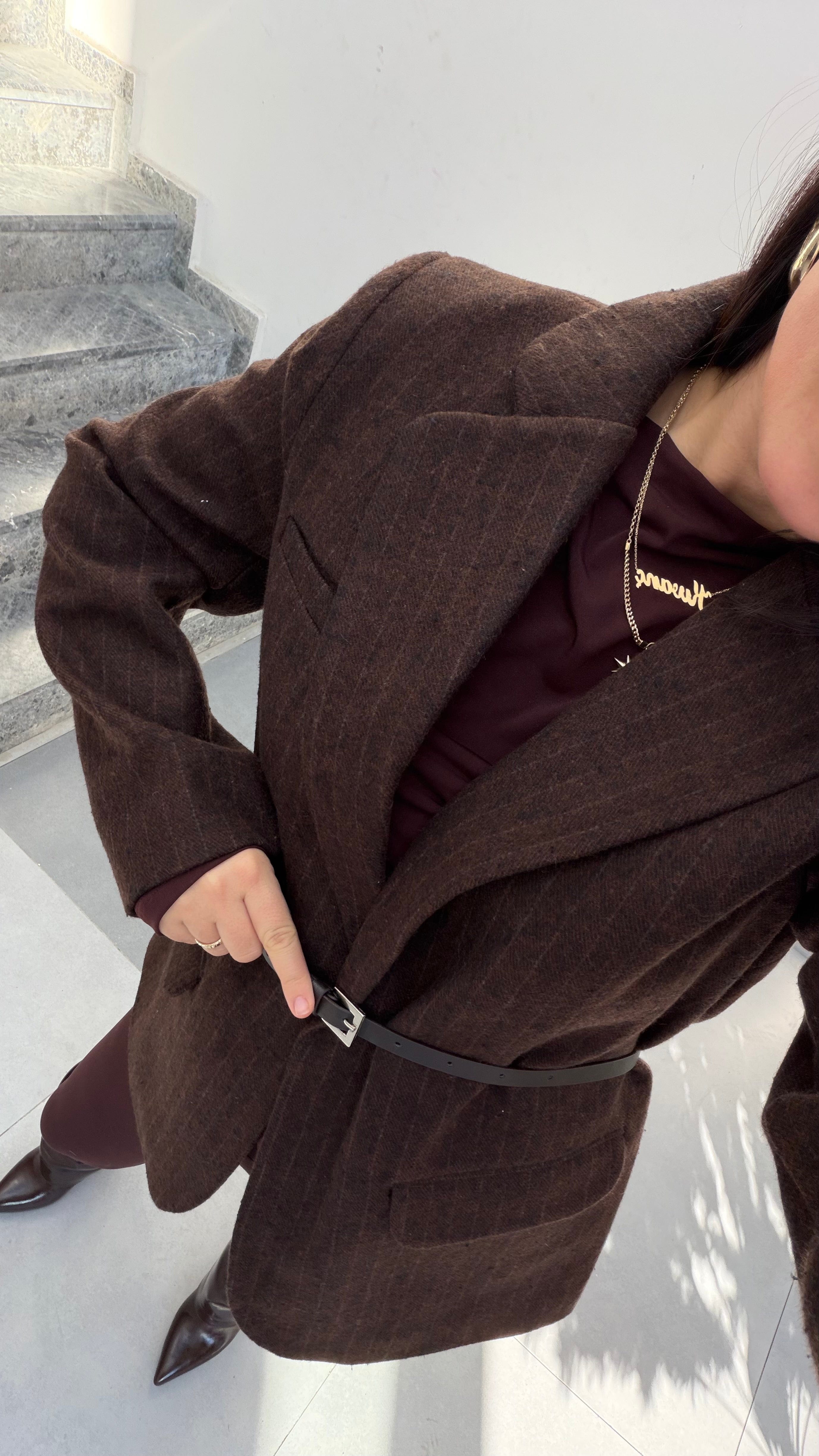 Kemerli Kaşe Ceket -Kahverengi