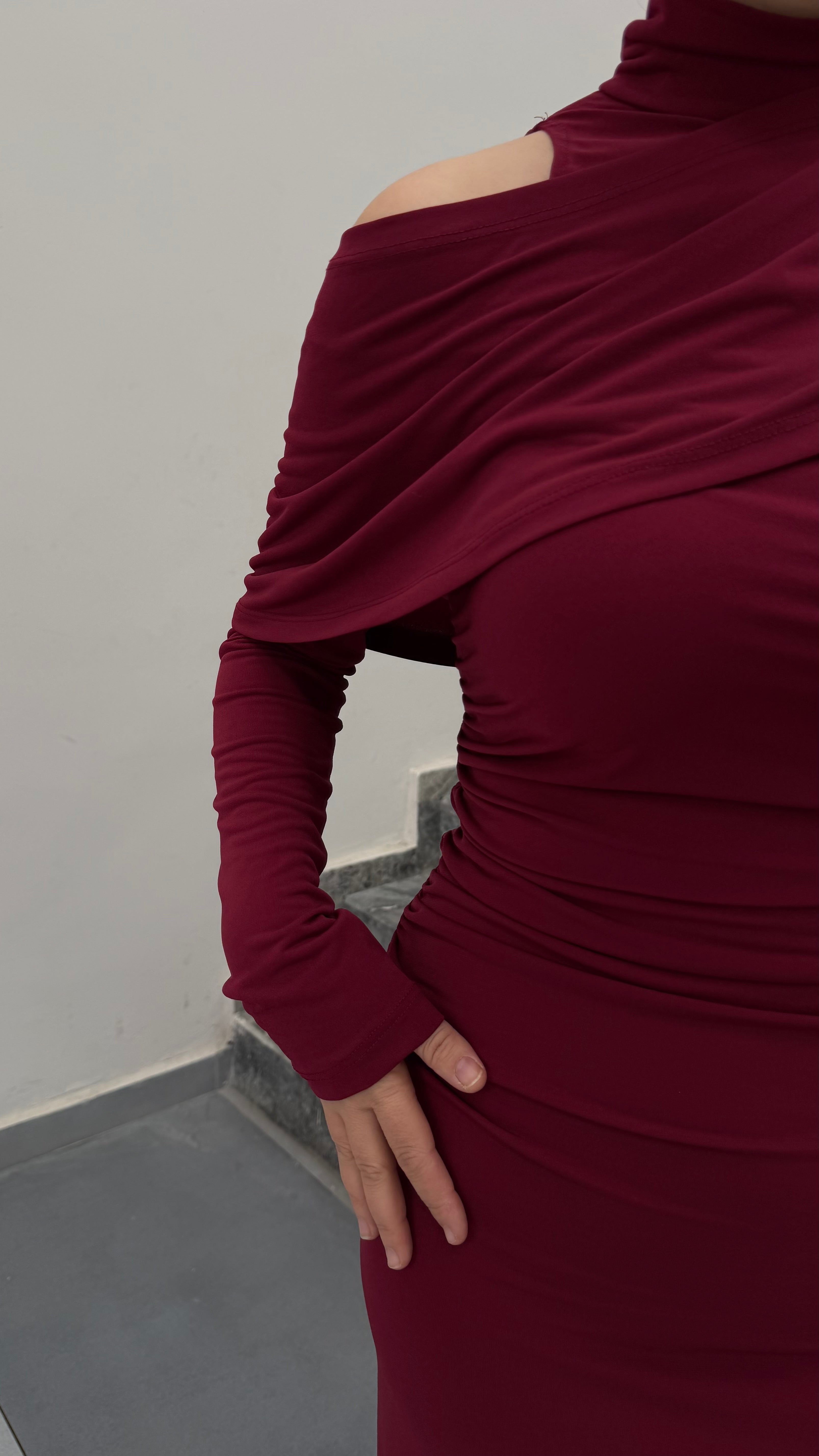 Omuz Dekolteli Elbise-Bordo