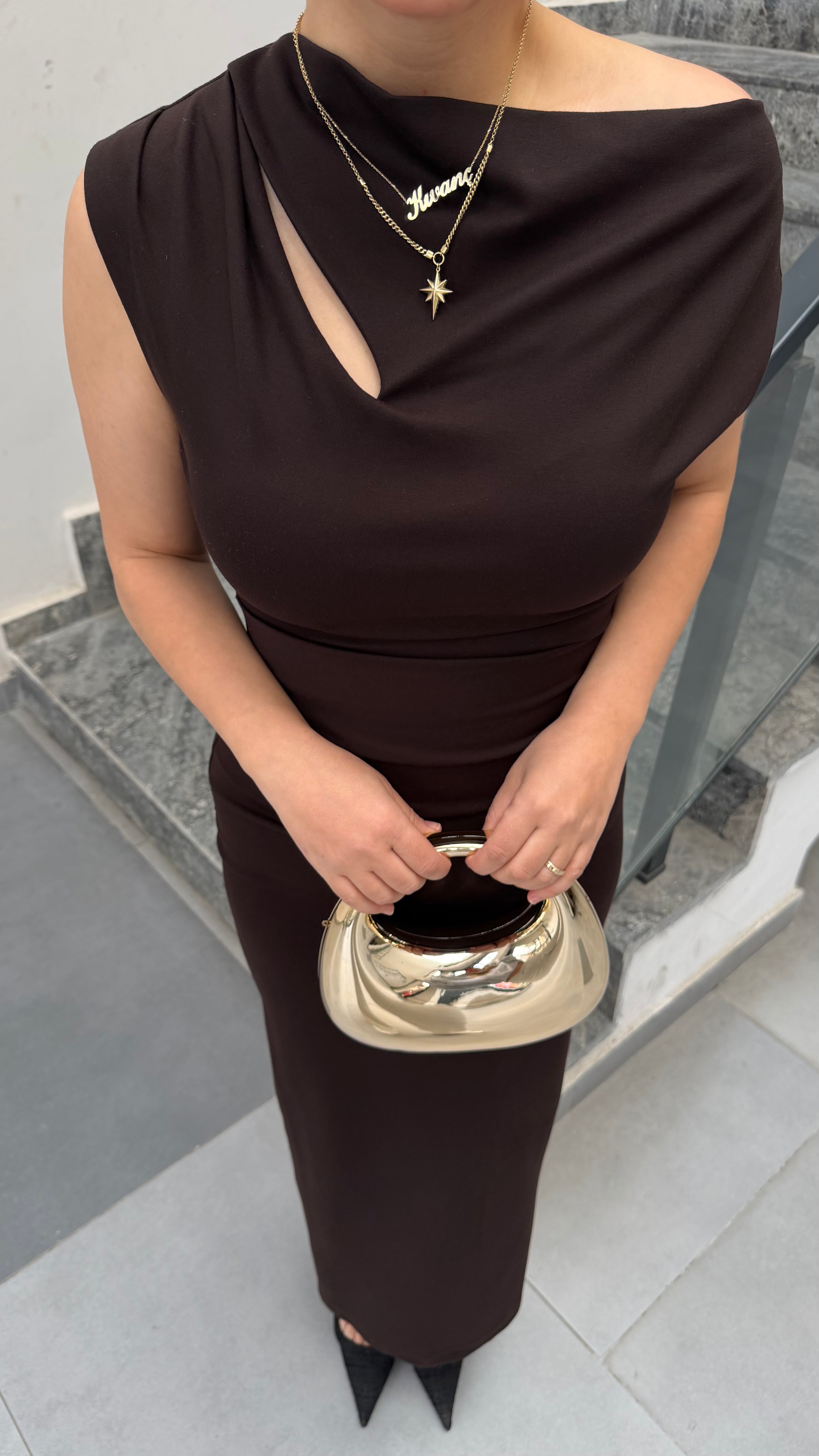 Omuz Detaylı Krep Elbise- kahve