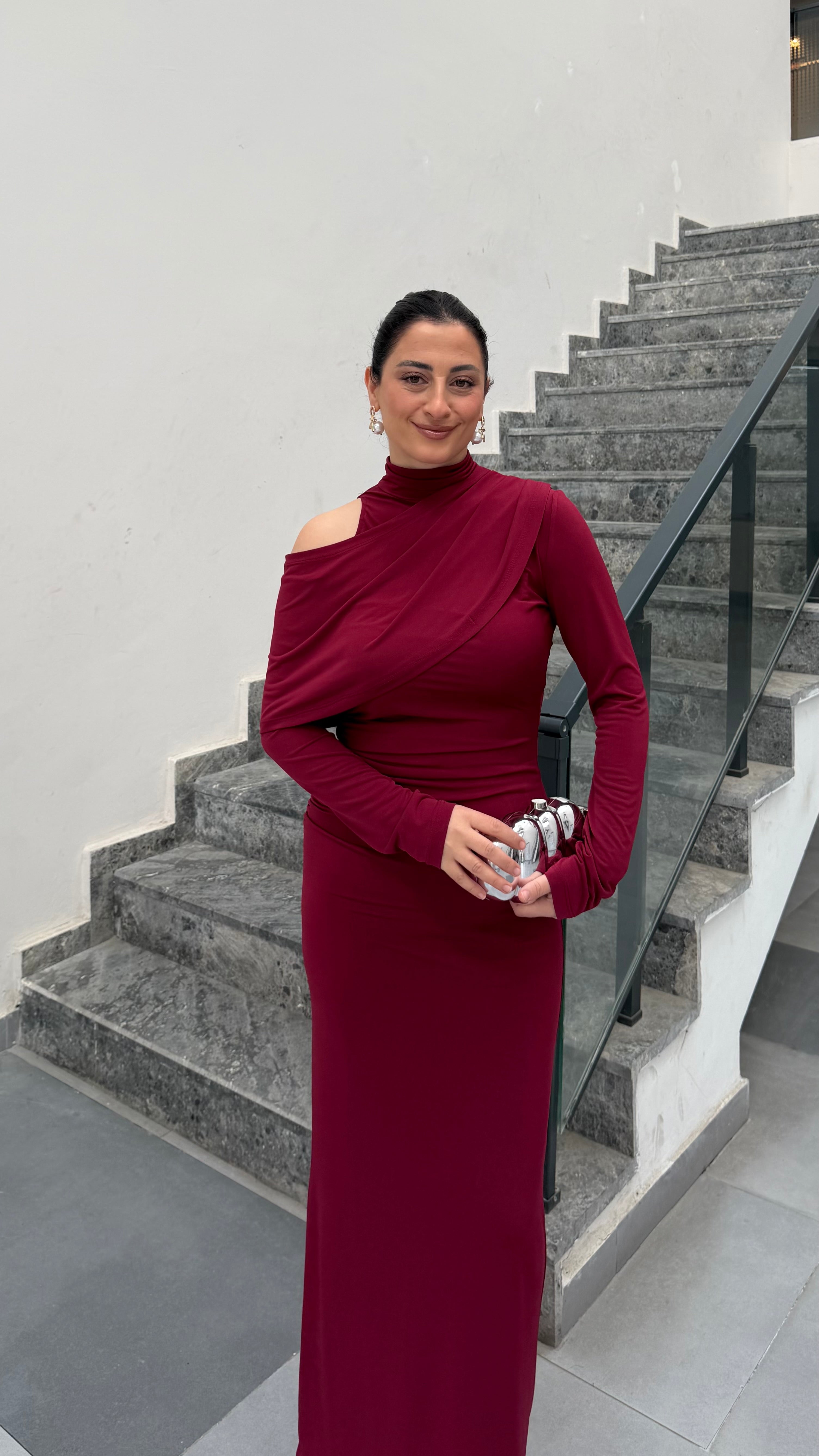 Omuz Dekolteli Elbise-Bordo