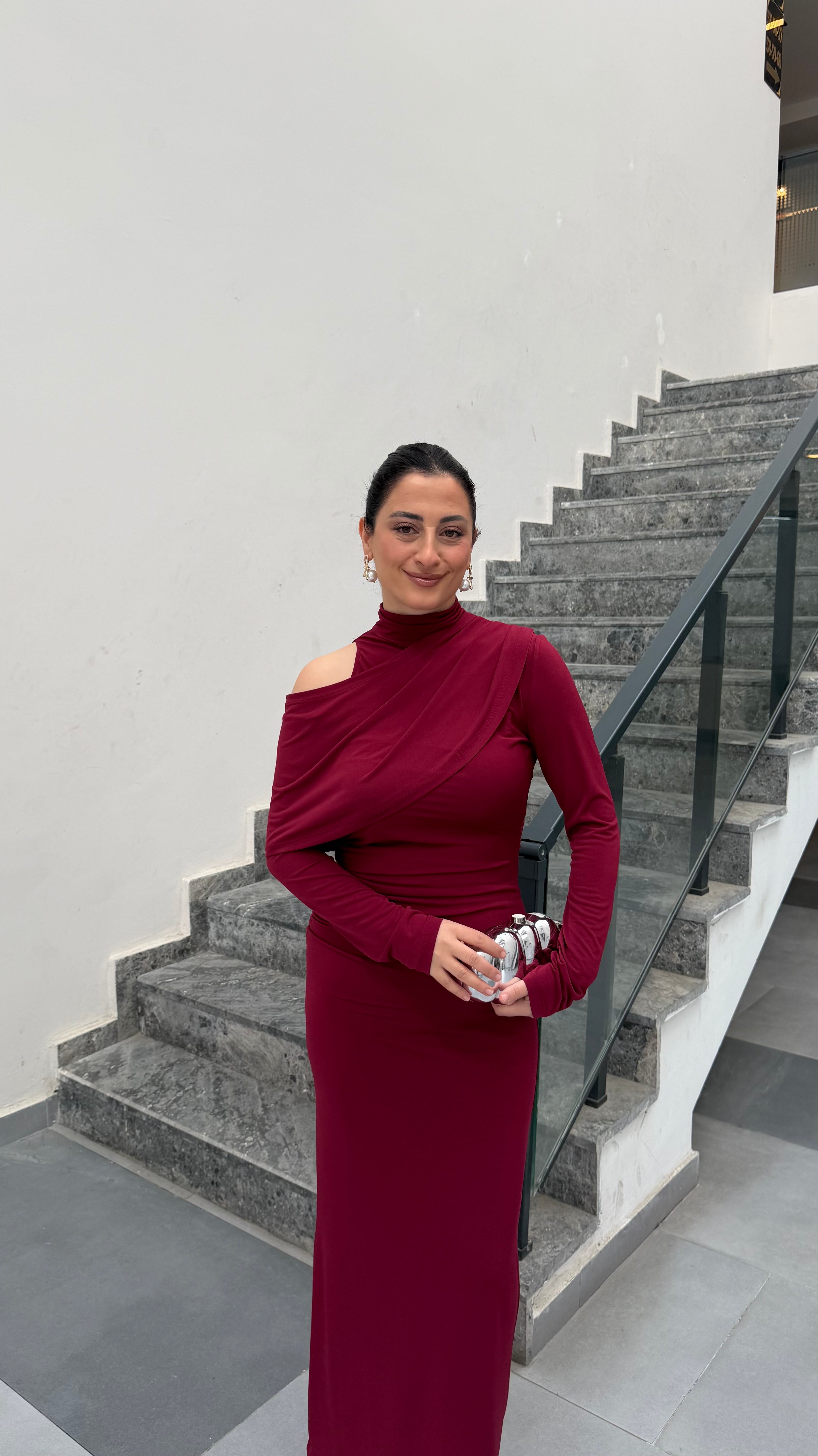 Omuz Dekolteli Elbise-Bordo