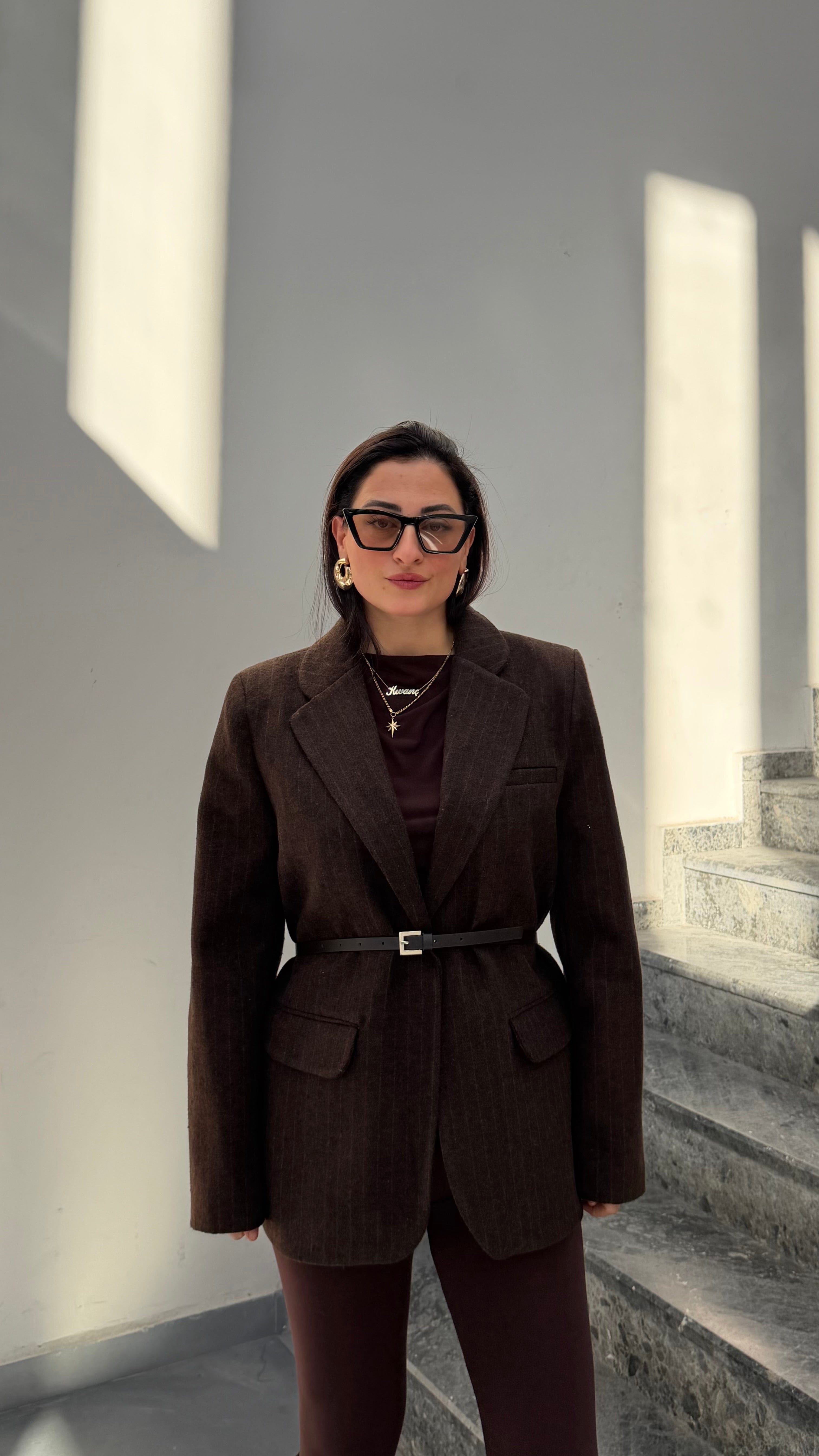 Kemerli Kaşe Ceket -Kahverengi