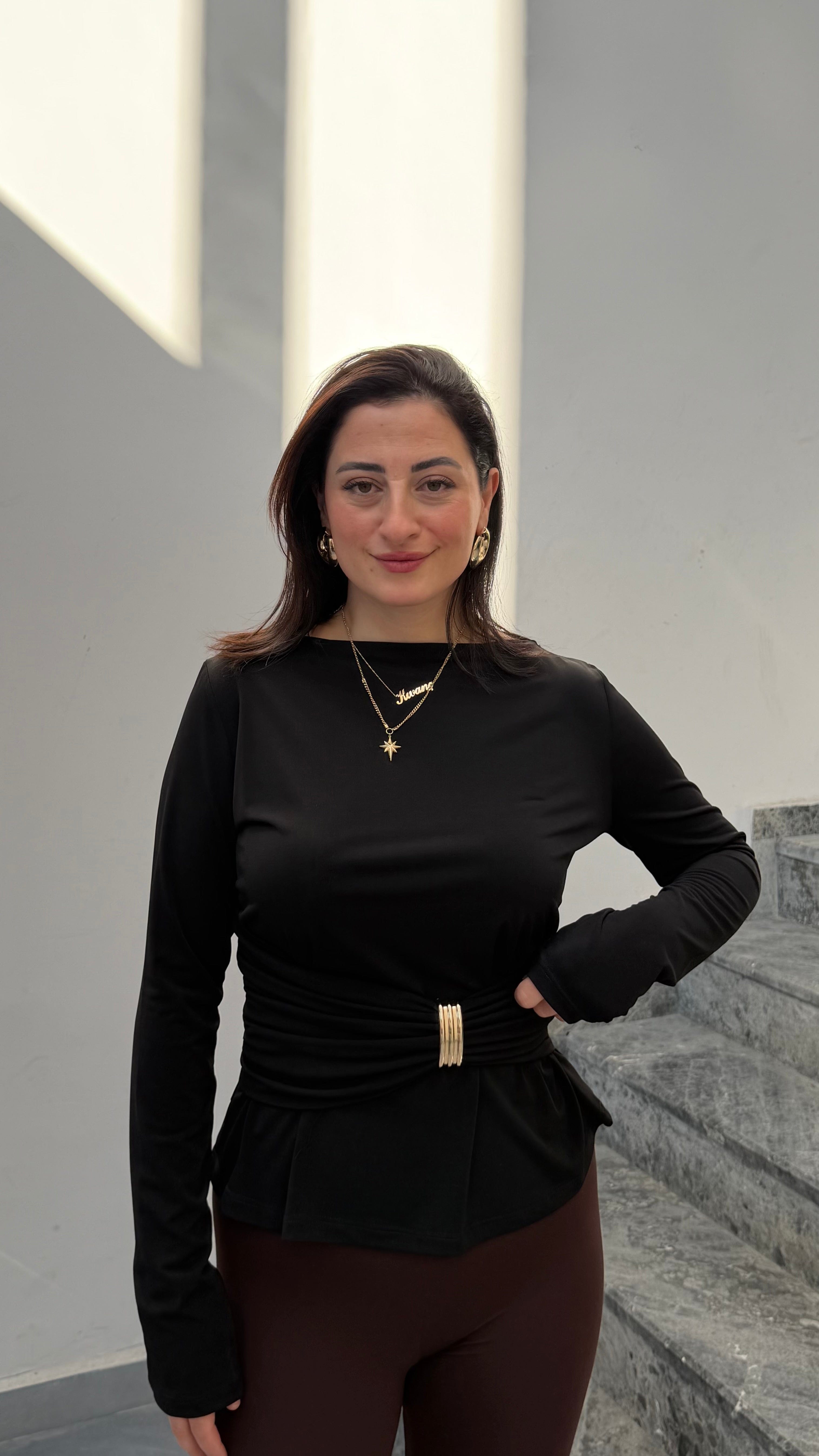 Kayık Yaka Uzun Kollu Bluz-Siyah