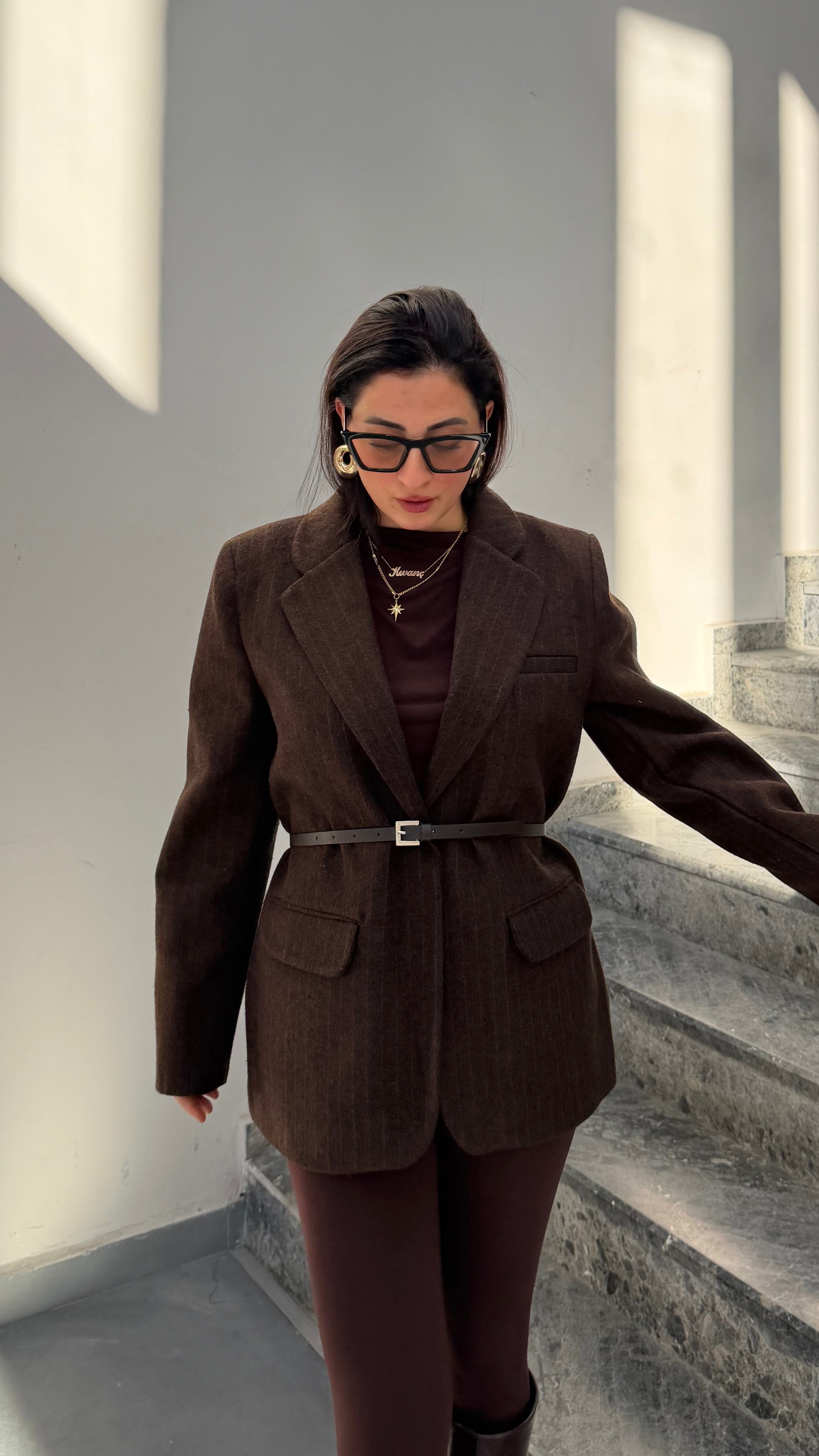 Kemerli Kaşe Ceket -Kahverengi