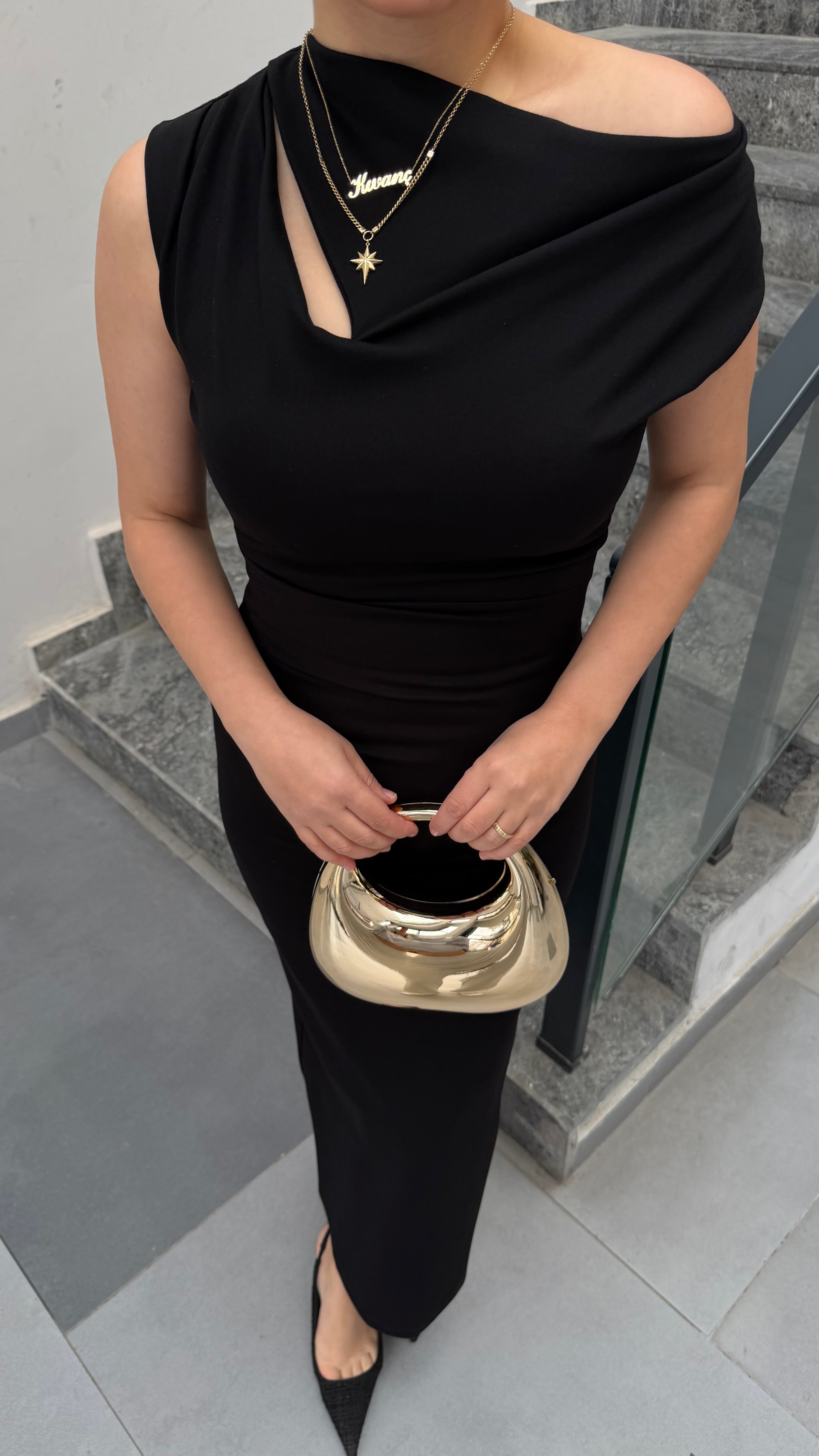 Omuz Detaylı Crep Elbise - siyah