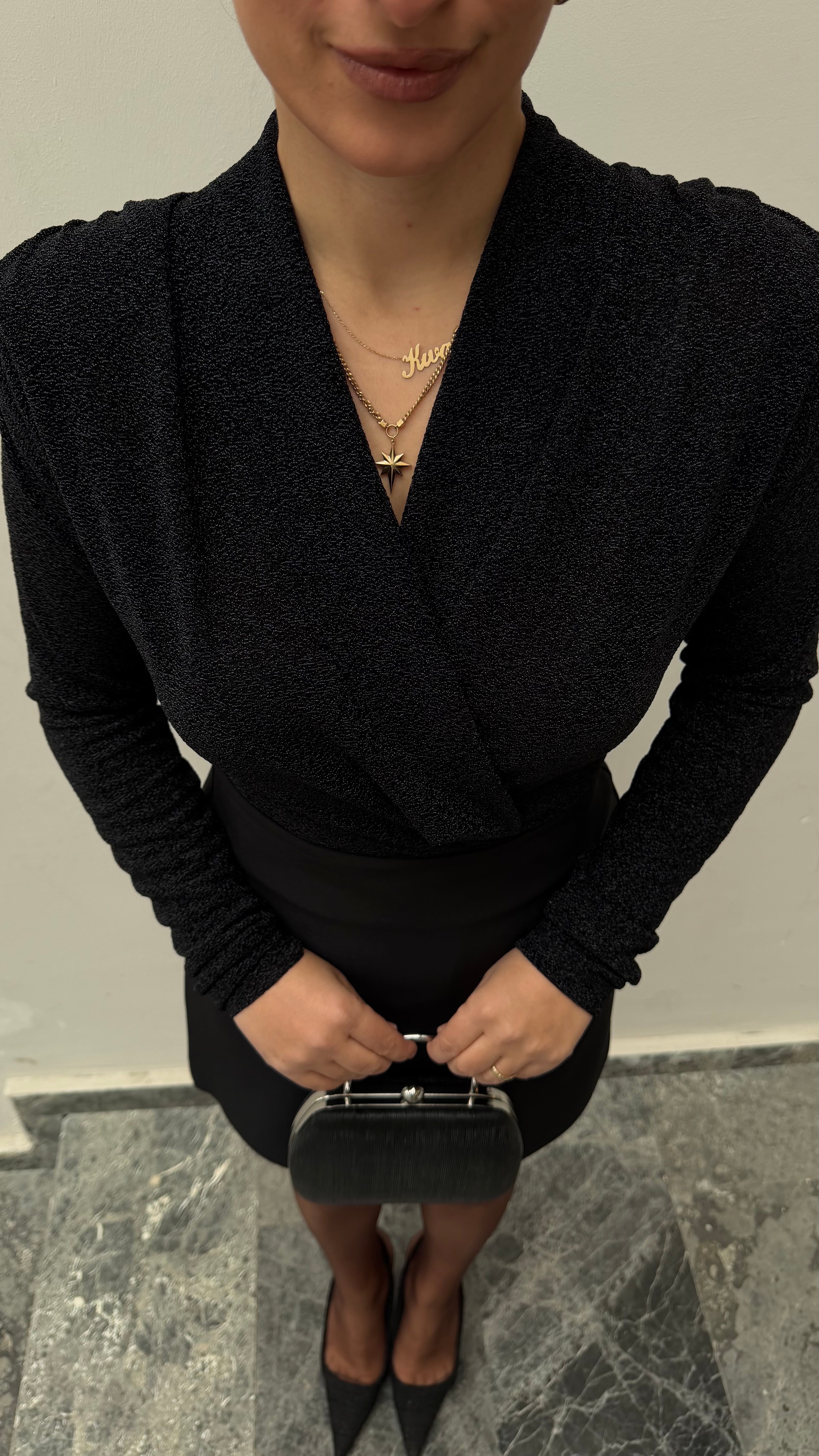 Simli Kruvaze Yaka Bluz