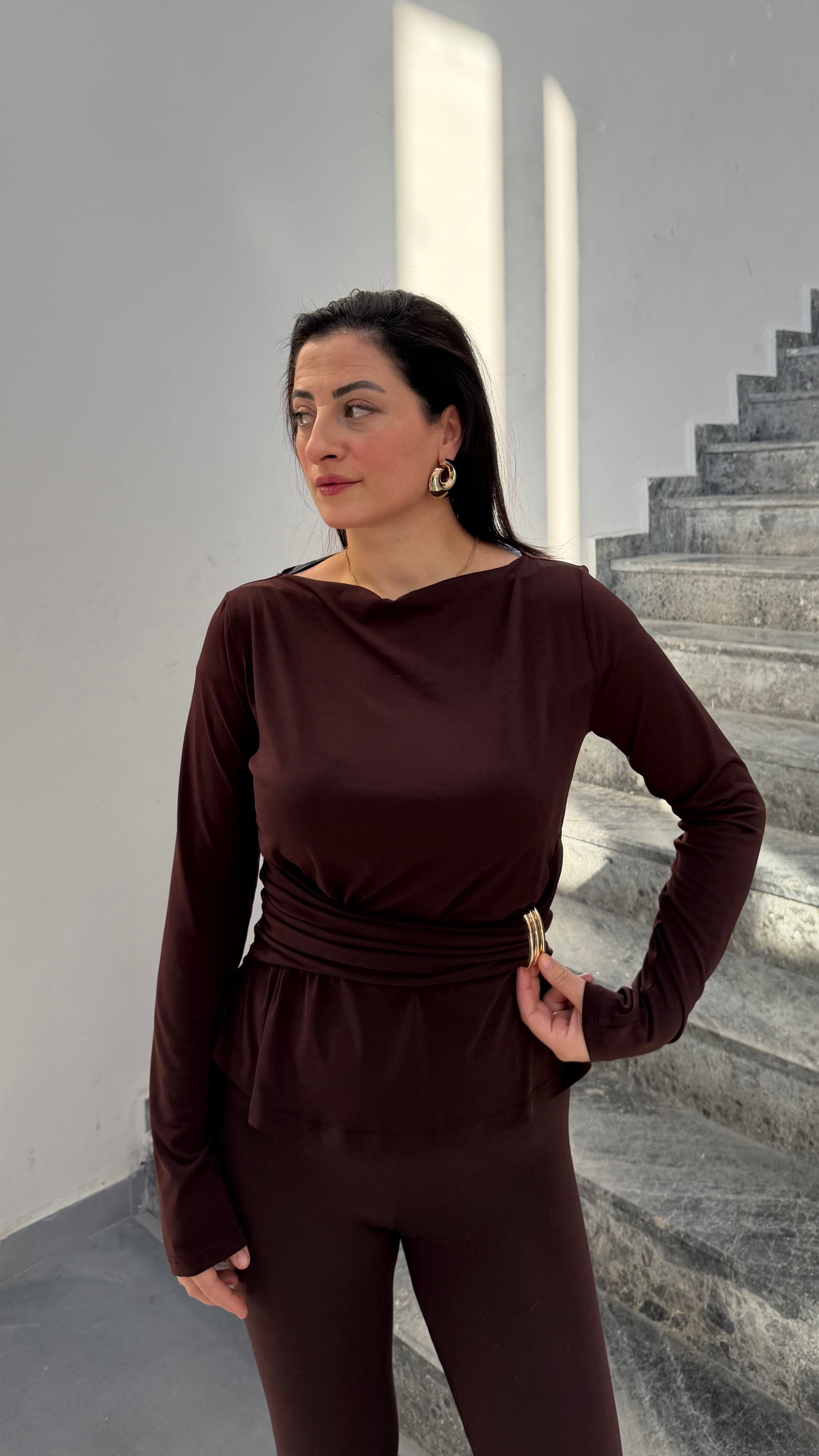 Kayık Yaka Uzun Kollu Bluz -Kahverengi