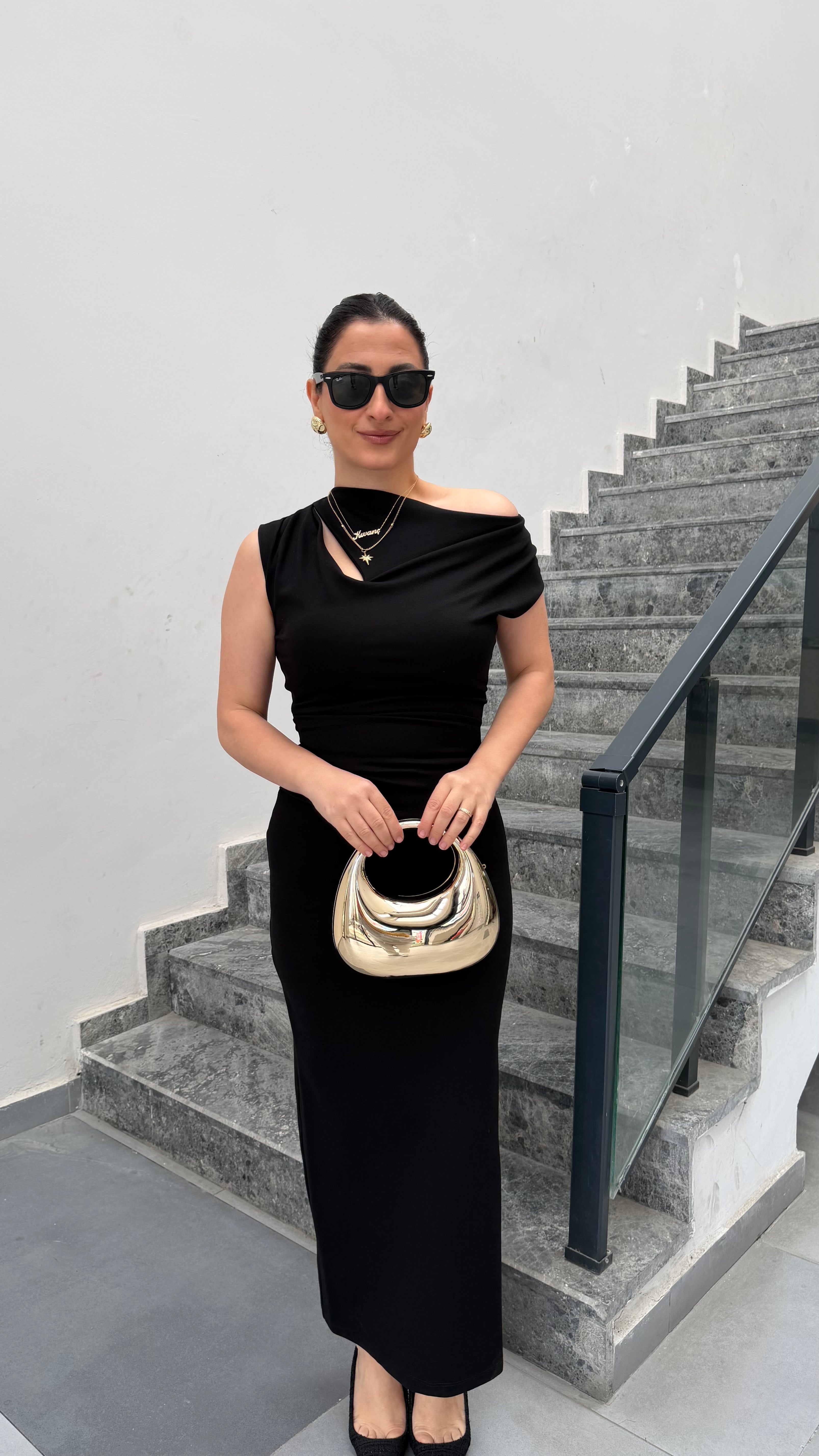 Omuz Detaylı Crep Elbise - siyah