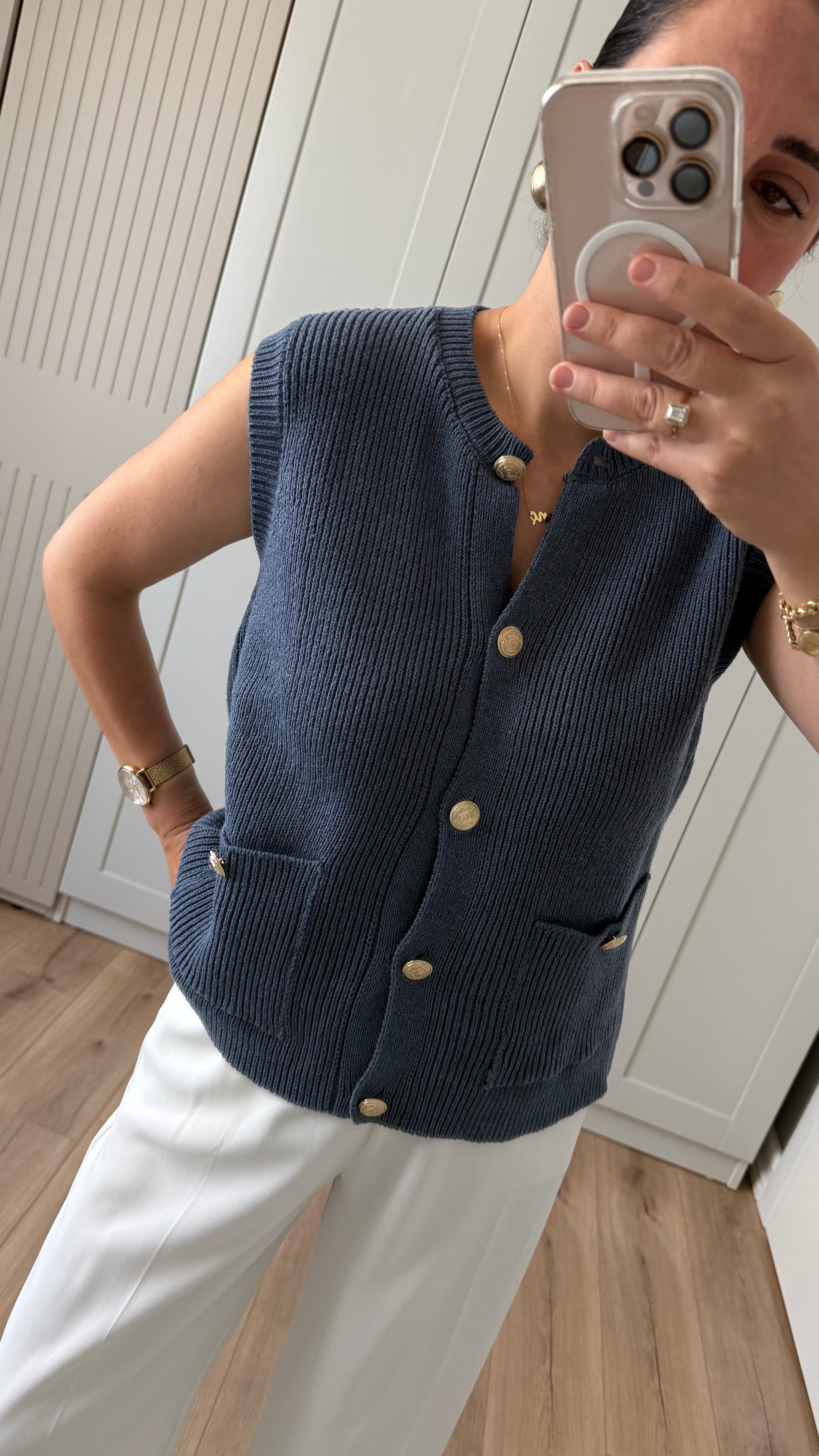 ÇİFT CEPLİ KOLSUZ UZUN TRİKO YELEK - İNDİGO