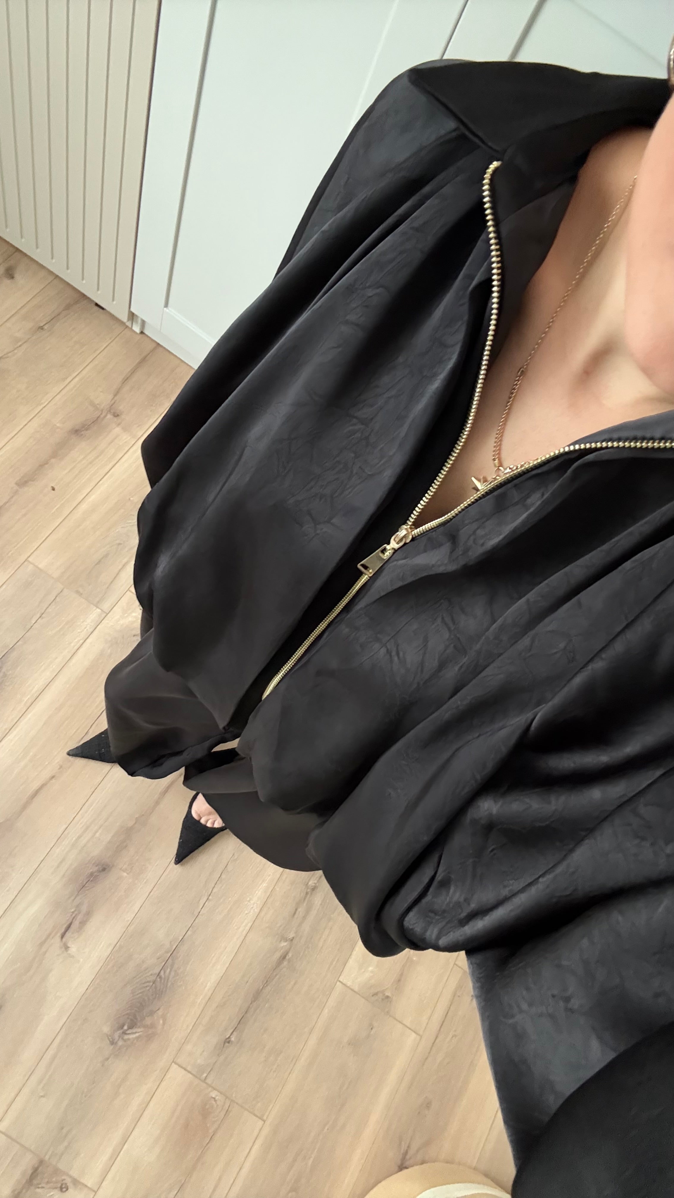 SATEN BOMBER CEKET ŞALVAR PANTOLON TAKIM - SİYAH