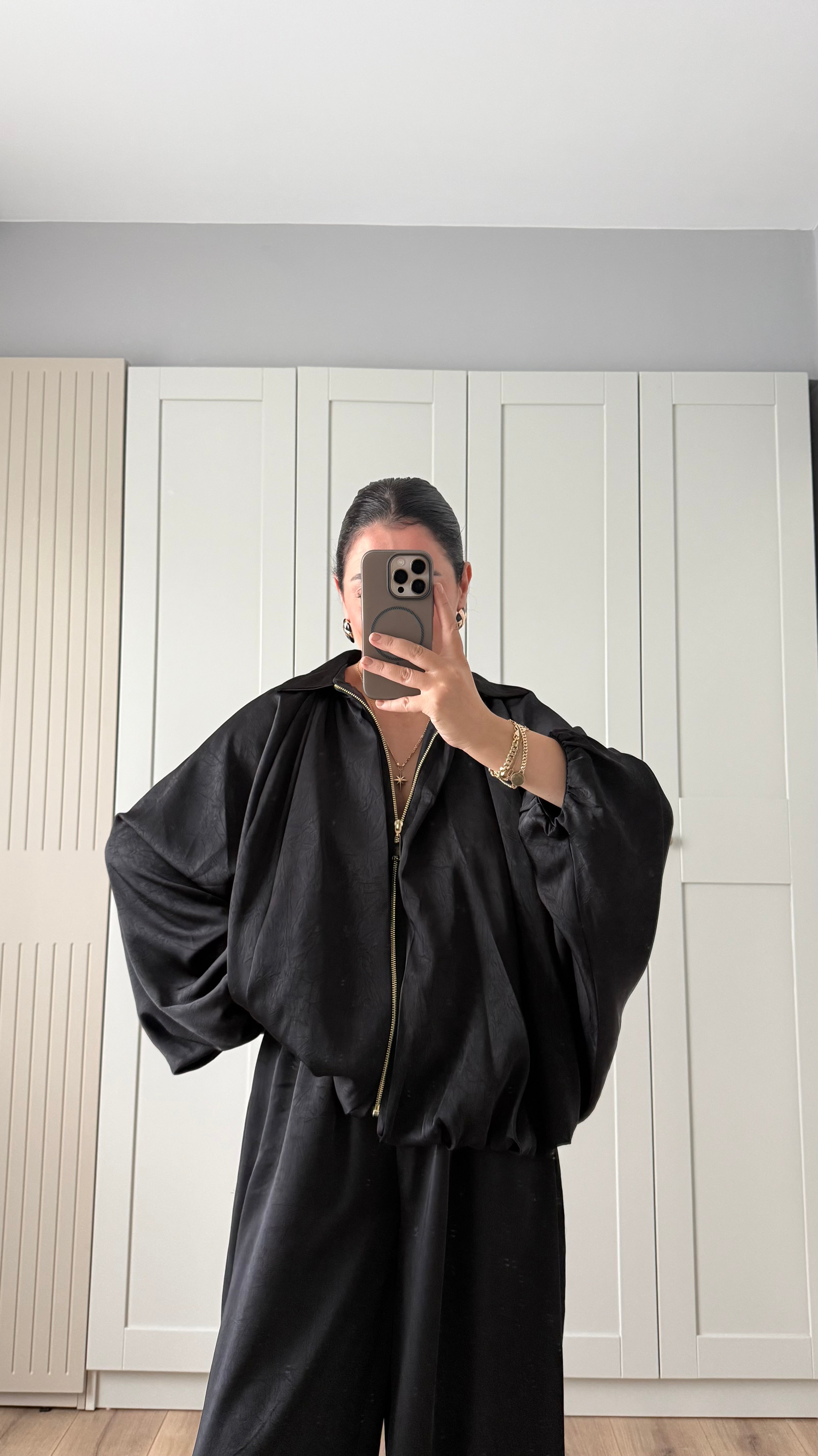 SATEN BOMBER CEKET ŞALVAR PANTOLON TAKIM - SİYAH