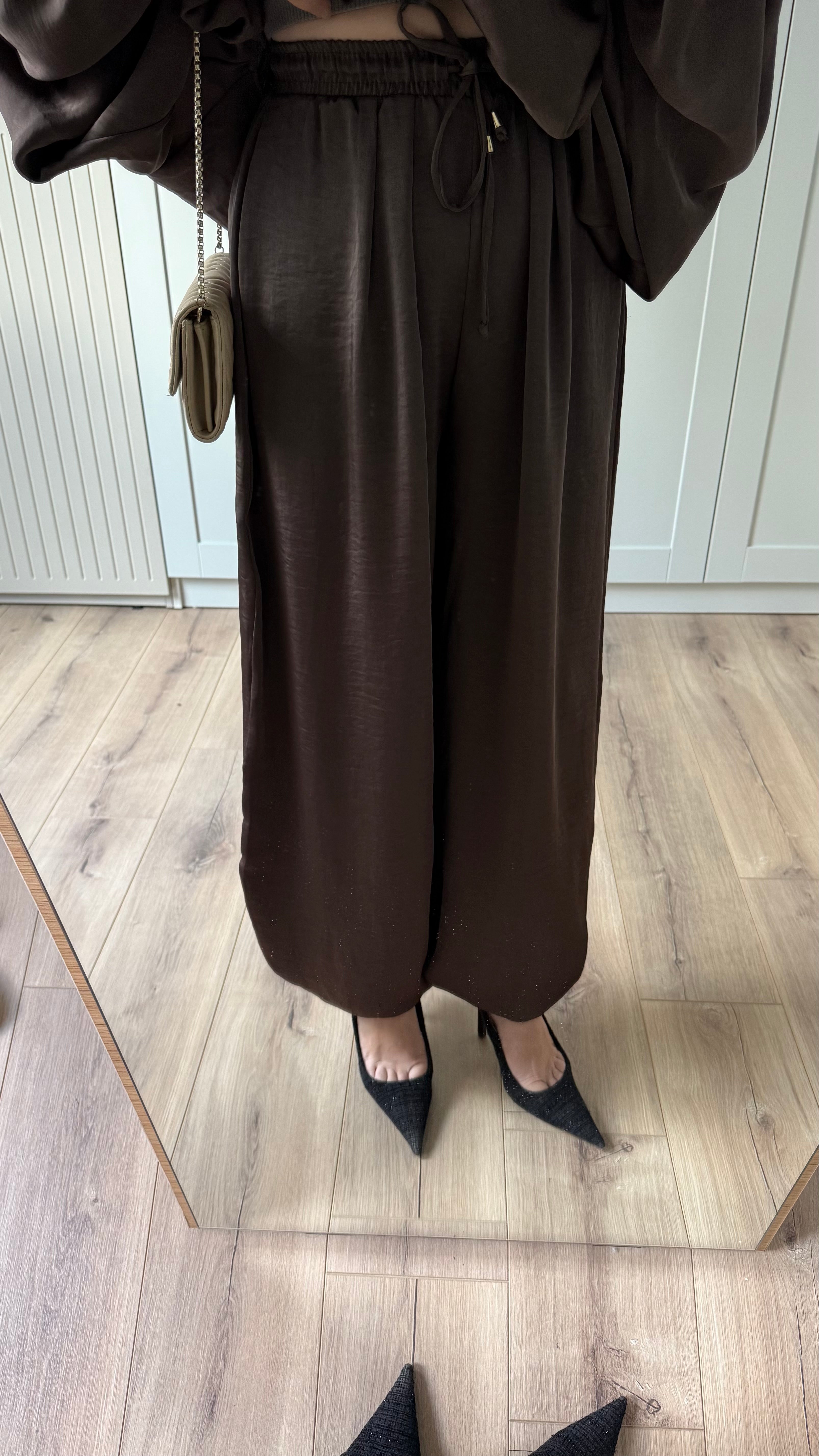 SATEN BOMBER CEKET ŞALVAR PANTOLON TAKIMI- KAHVE