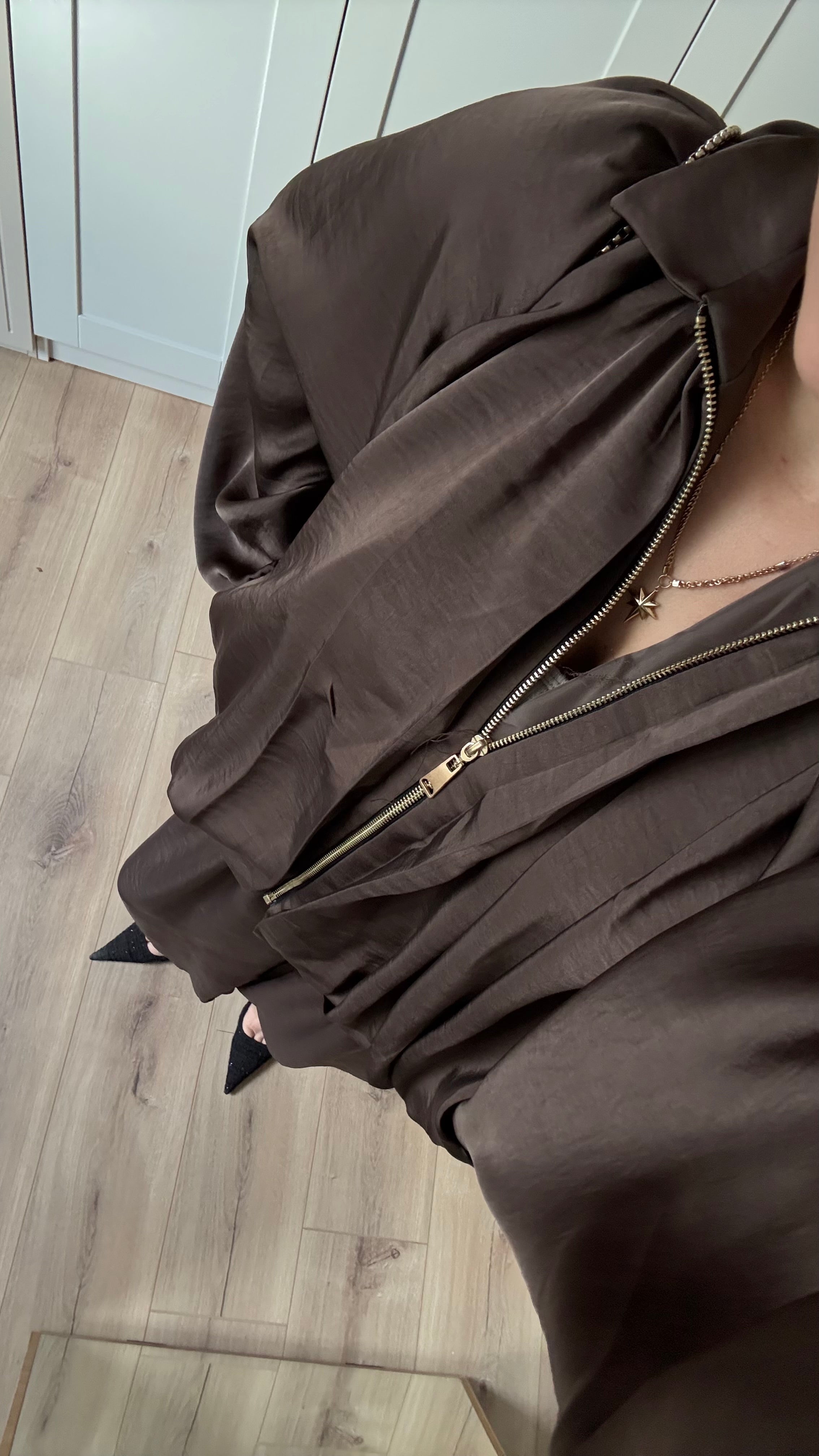 SATEN BOMBER CEKET ŞALVAR PANTOLON TAKIMI- KAHVE