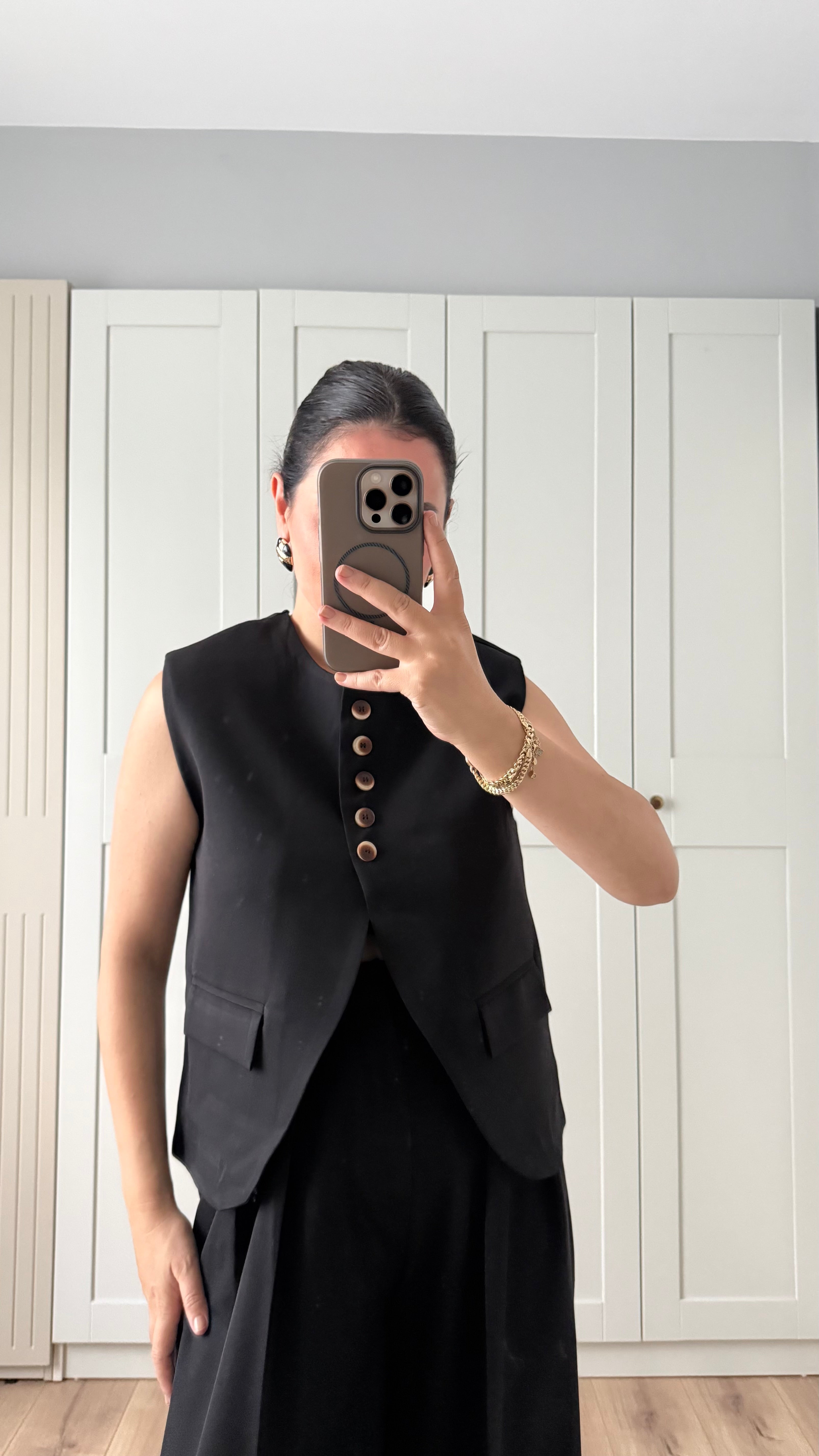 SİYAH VATKALI YELEK PALAZZO PANTOLON TAKIM