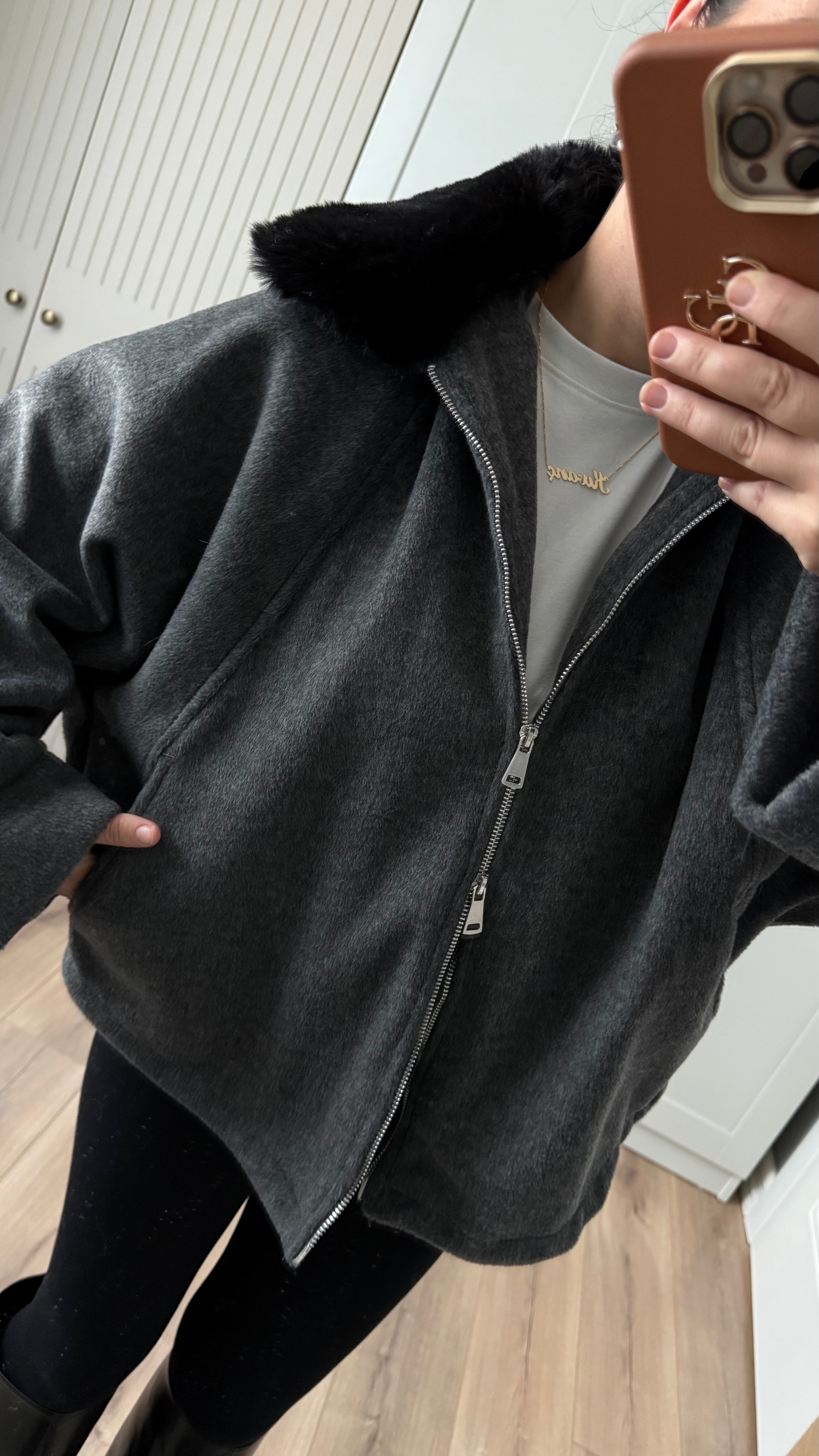 KÜRK YAKALI KAŞE MONT ANTRASİT