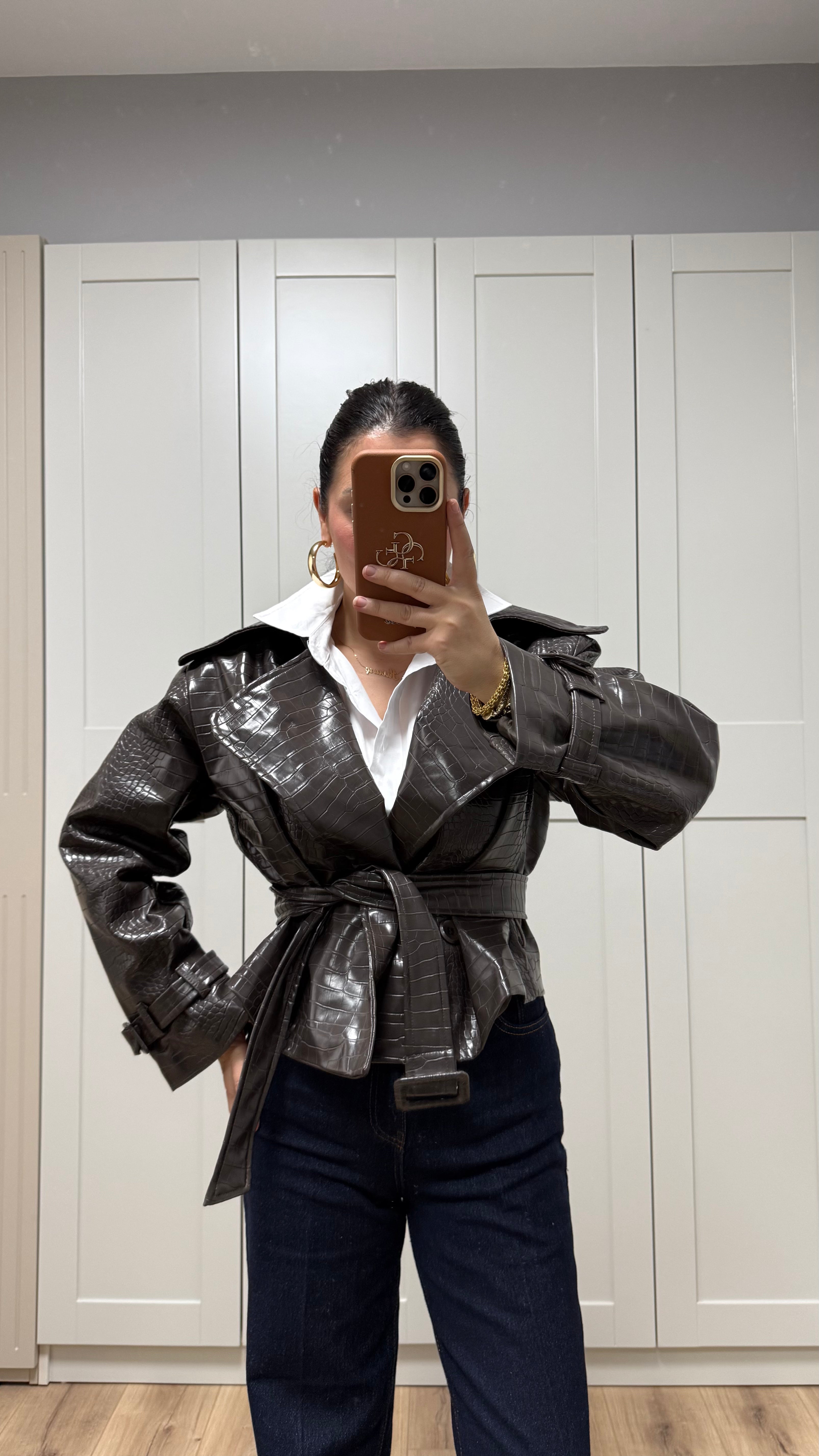 KROKODİL DESENLİ KEMERLİ DERİ CEKET KAHVE