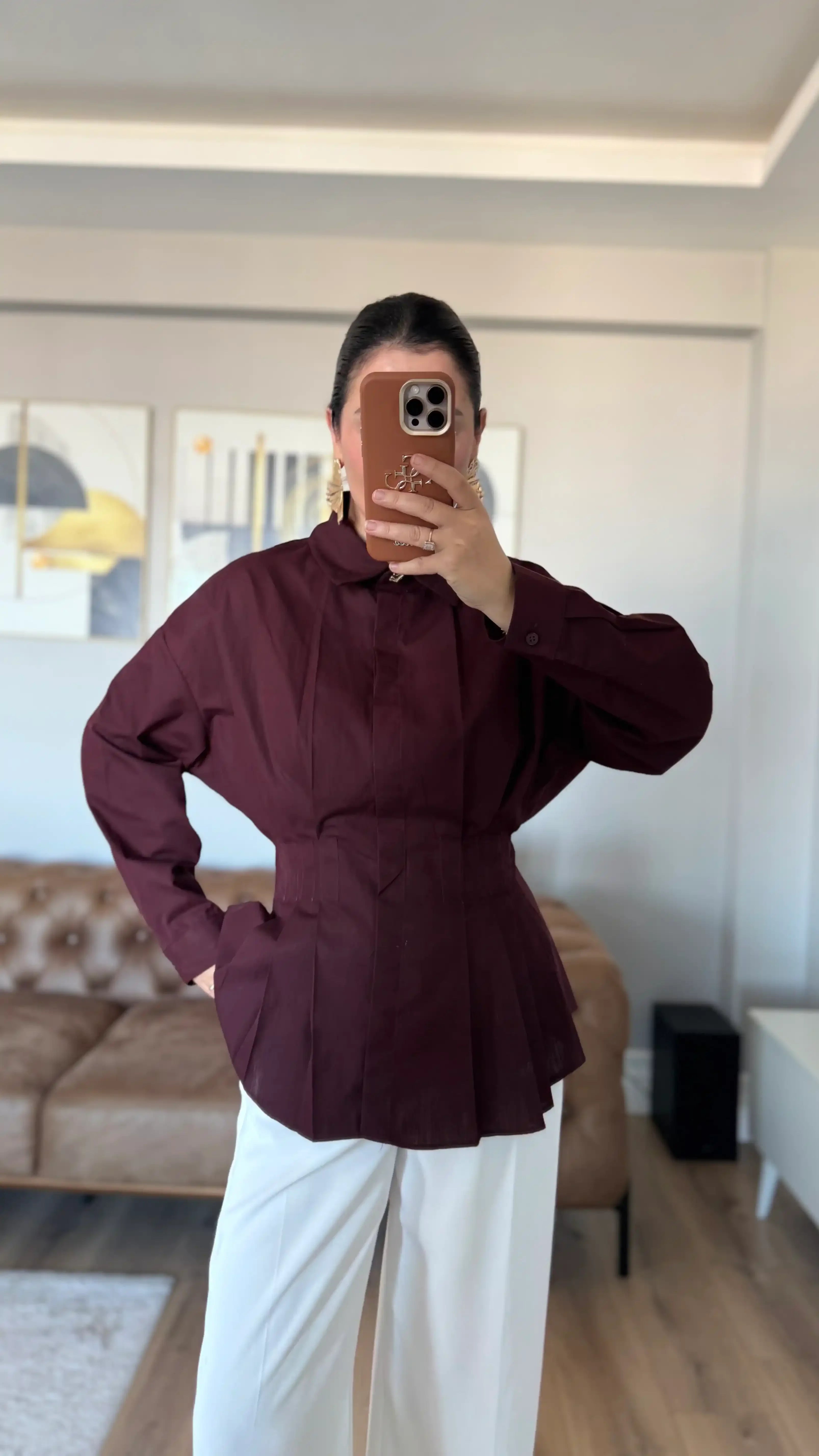 BORDO BEL PİLELİ GOLD DÜĞME DETAYLI TASARIM GÖMLEK