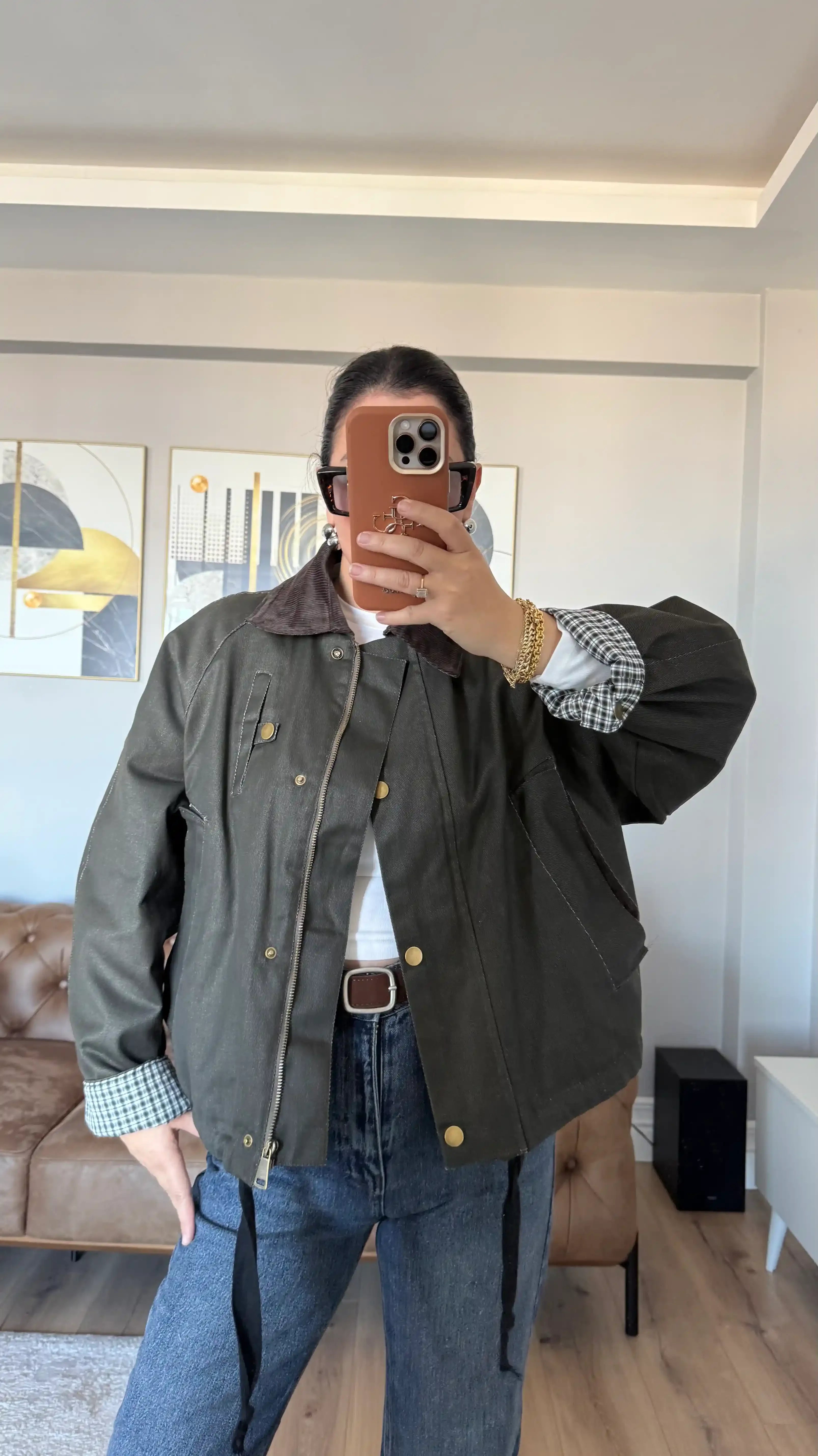 KADİFE YAKA YIKAMALI EKOSE ASTAR BOMBER-HAKİ