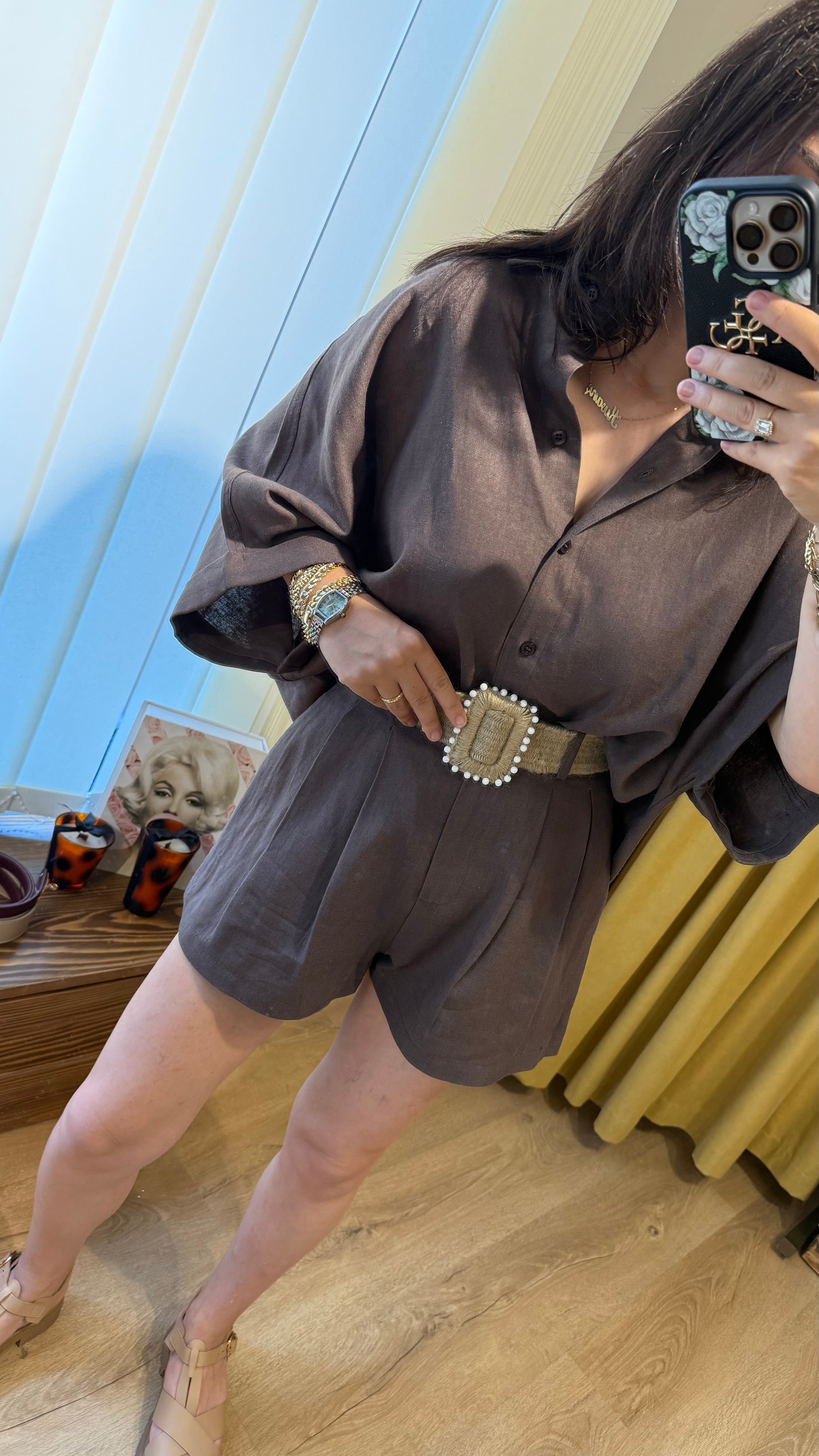 KAHVE KETEN KEMERLİ GÖMLEK ŞORT TAKIM