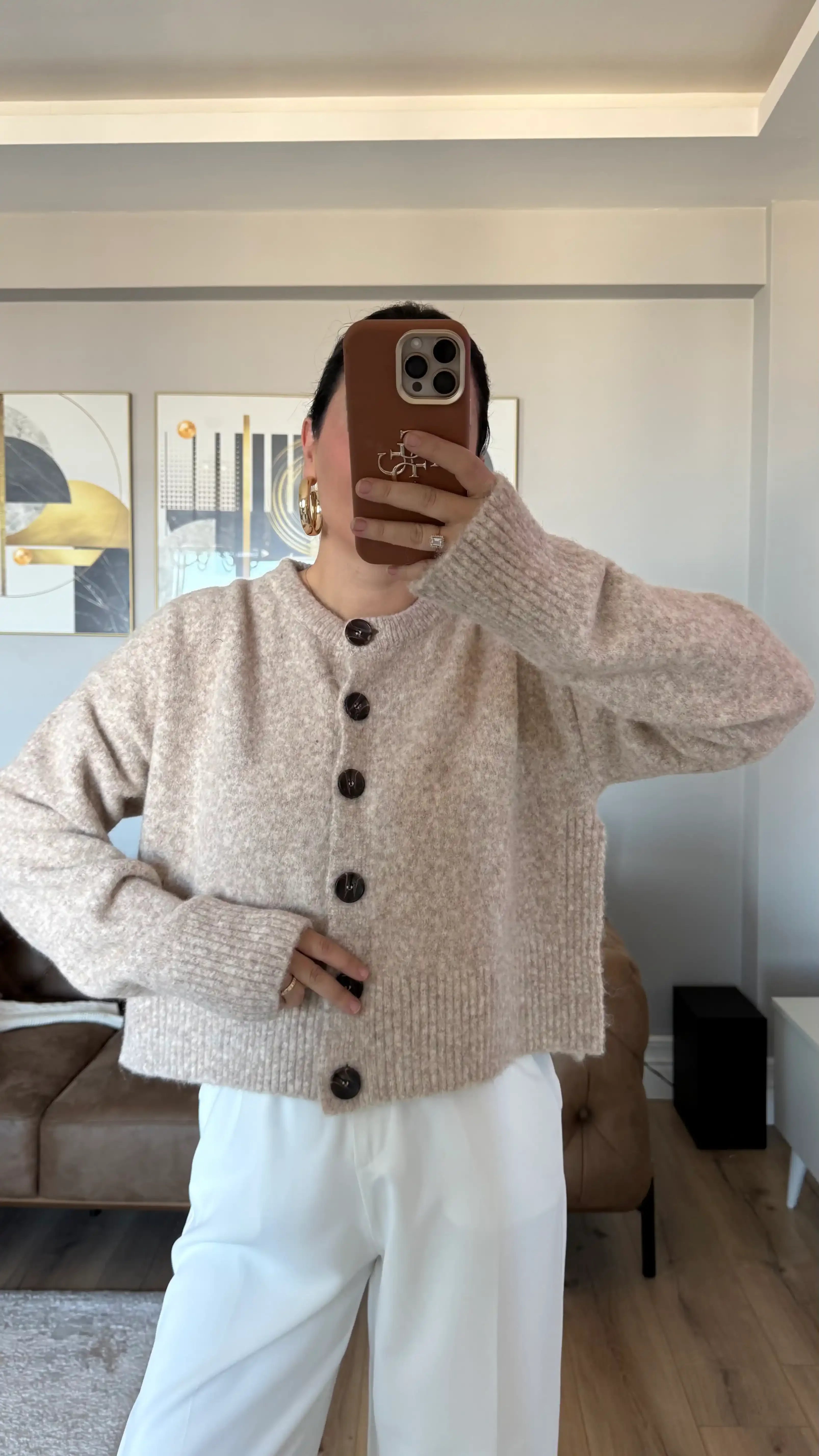 YANLARI YIRTMAÇLI YÜN KARIŞIMLI TRİKO HIRKA- VİZON