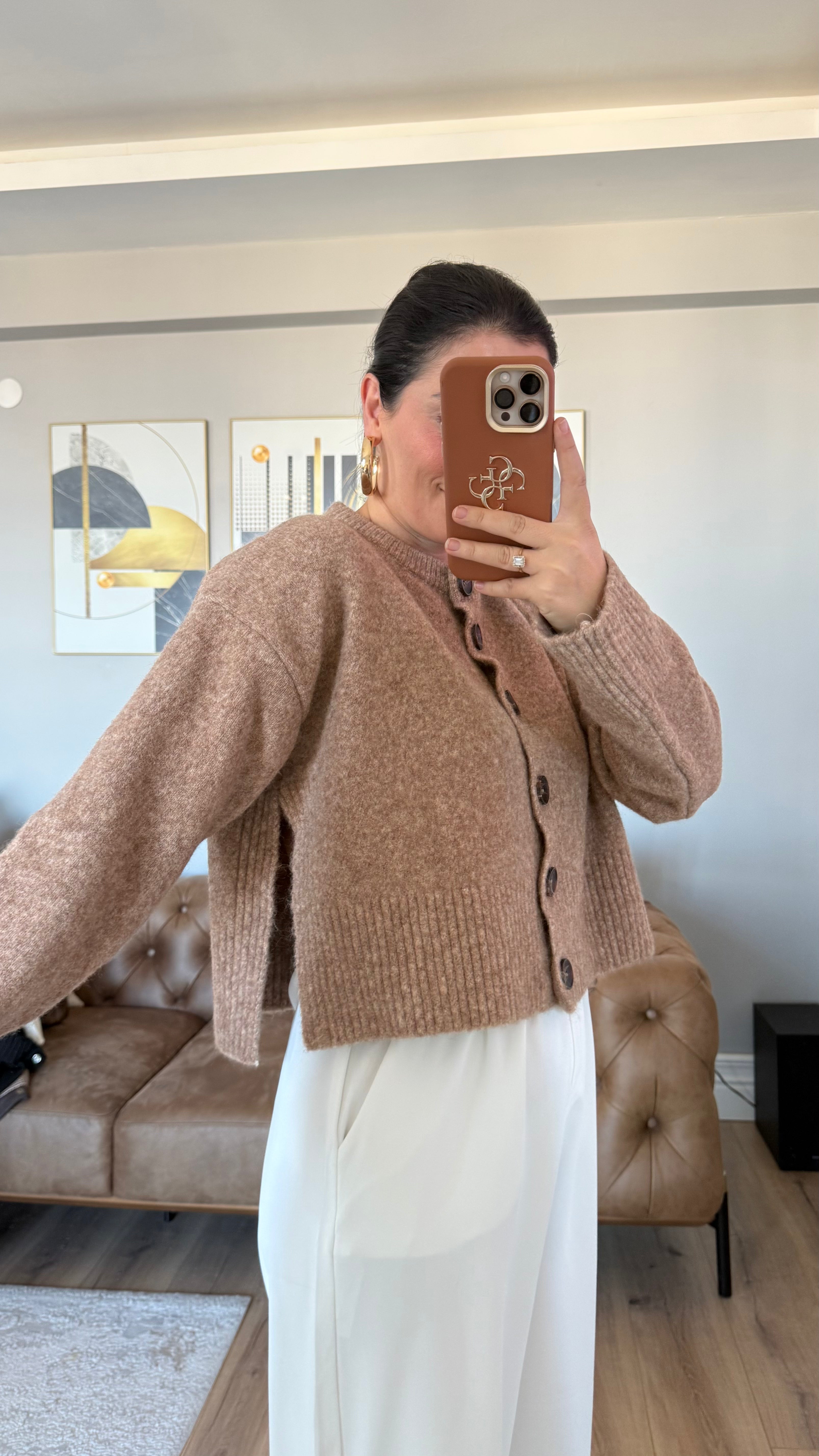 YANLARI YIRTMAÇLI YÜN KARIŞIMLI TRİKO HIRKA - BEJ