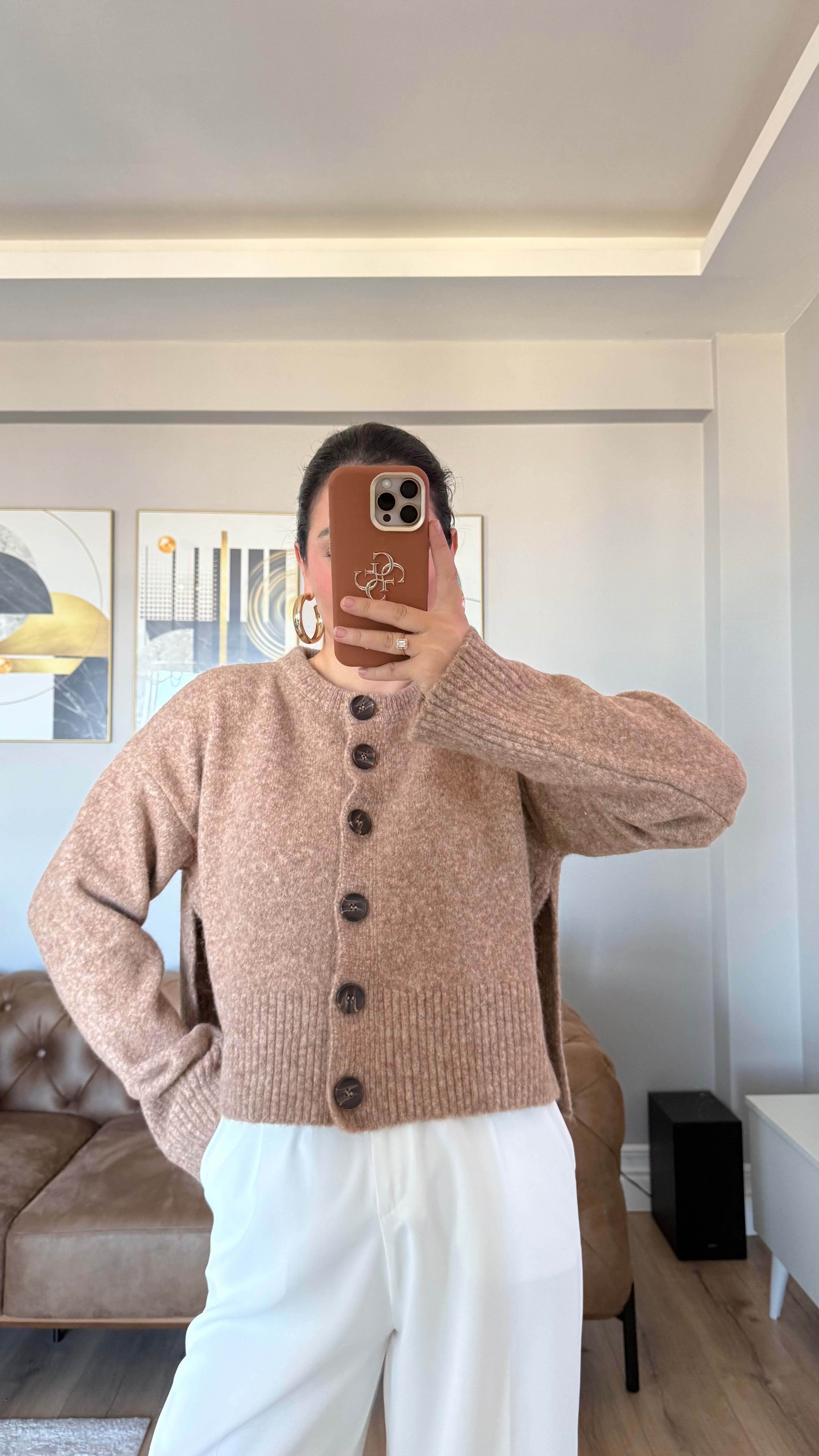 YANLARI YIRTMAÇLI YÜN KARIŞIMLI TRİKO HIRKA - BEJ