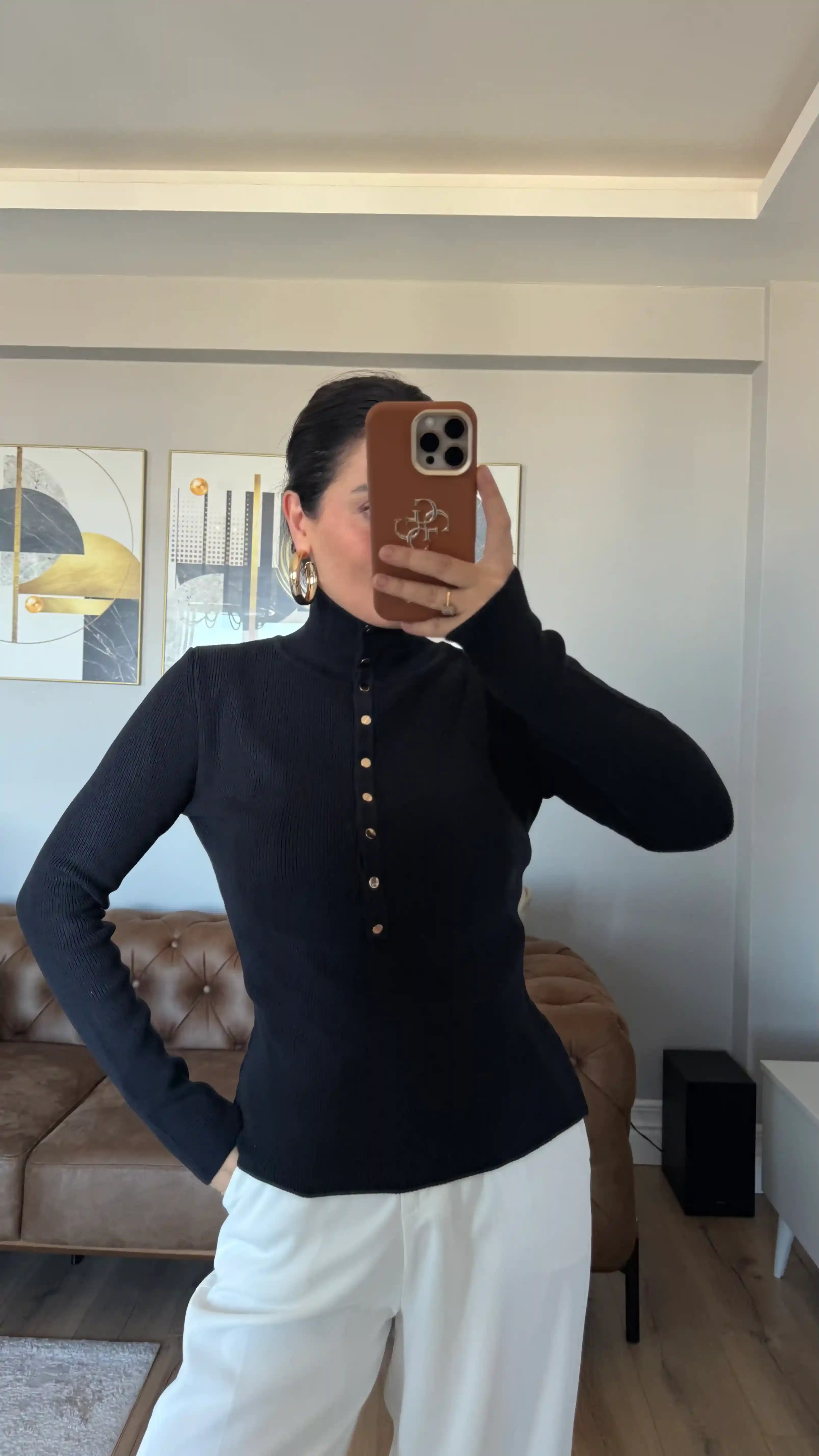 DİK YAKA ÇITÇITLI TRİKO KAZAK - SİYAH