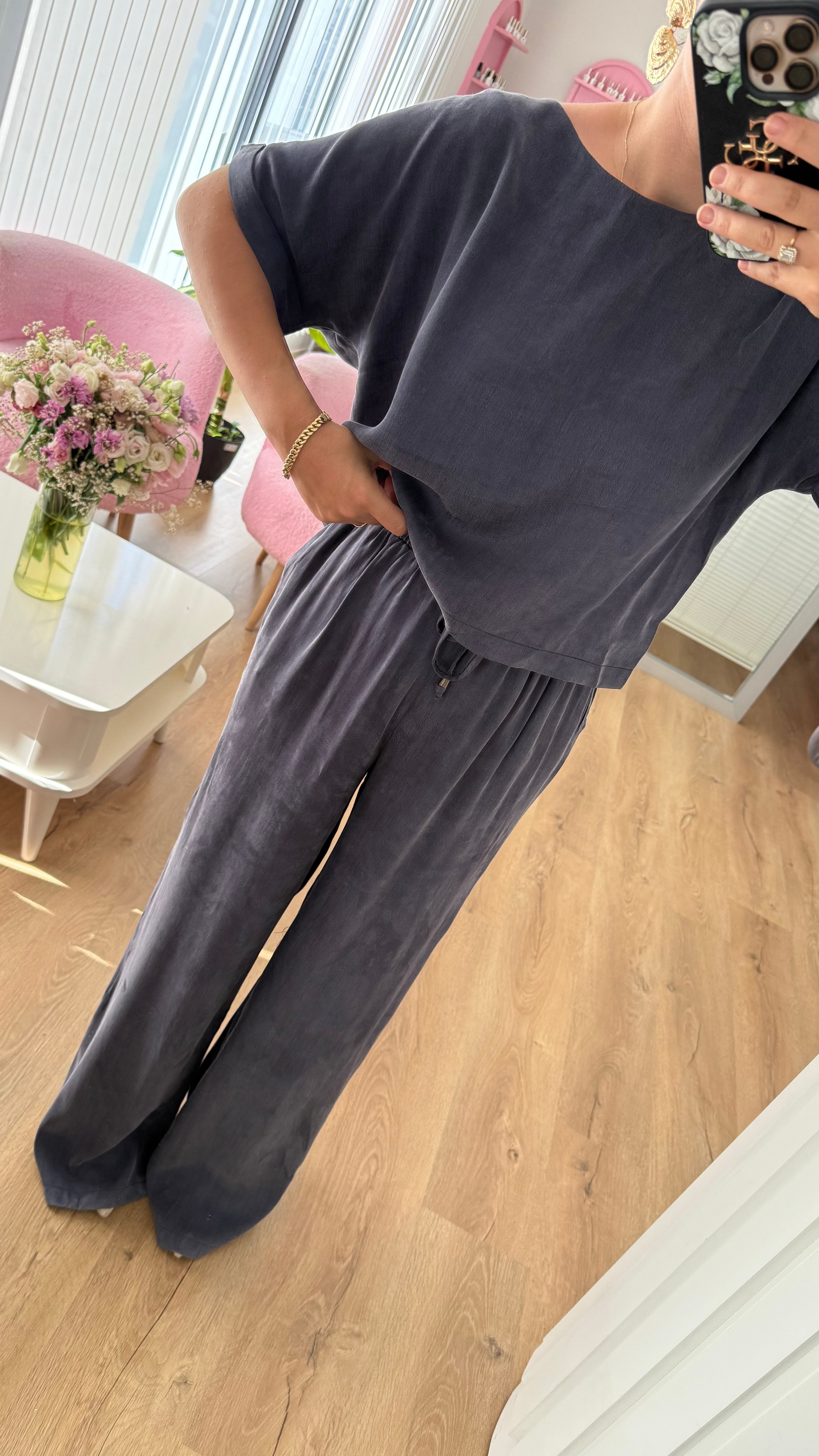 INDİGO MAVİ BLUZ PANTOLON DOKULU TAKIM