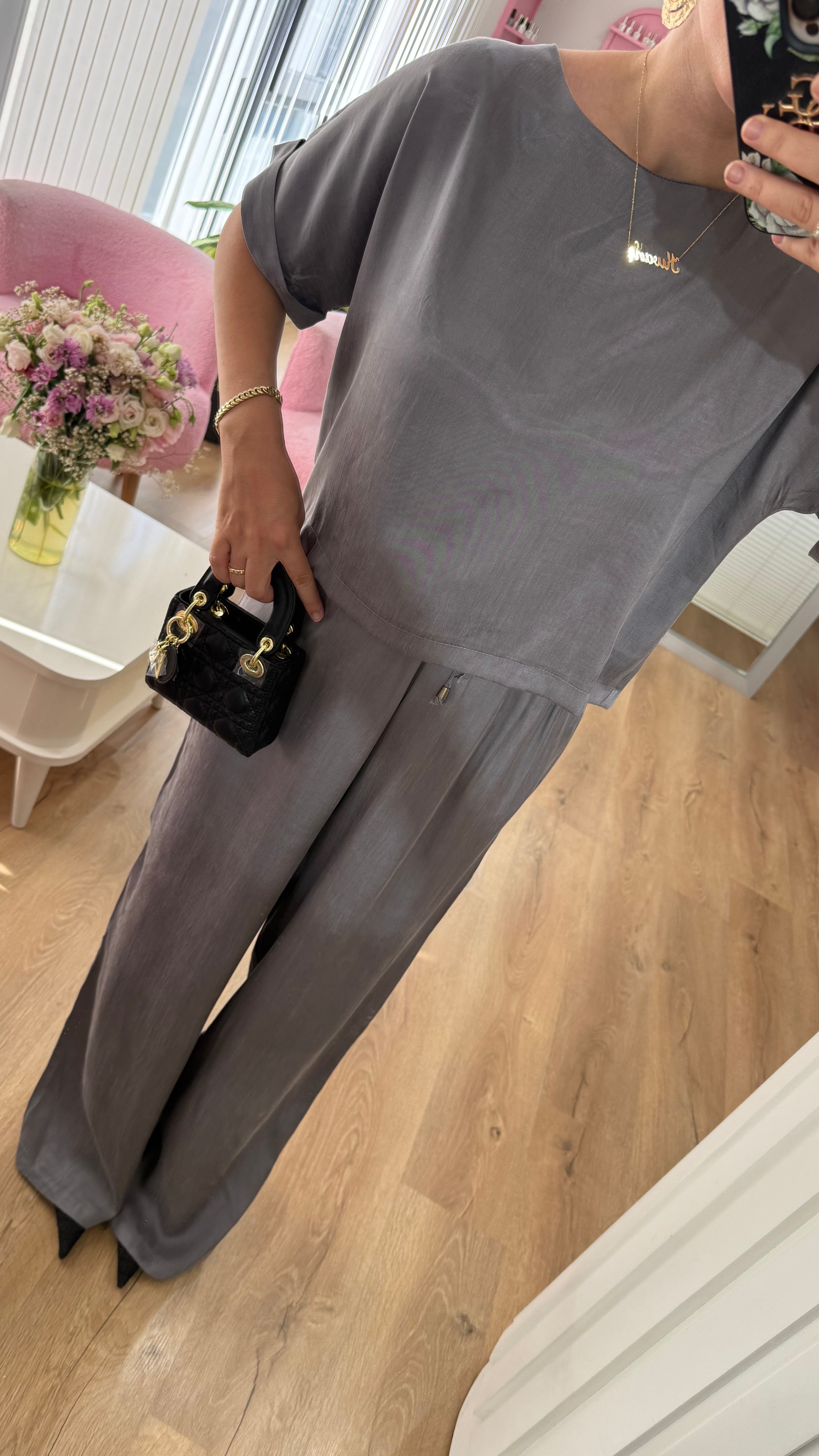 GRİ BLUZ PANTOLON DOKULU TAKIM